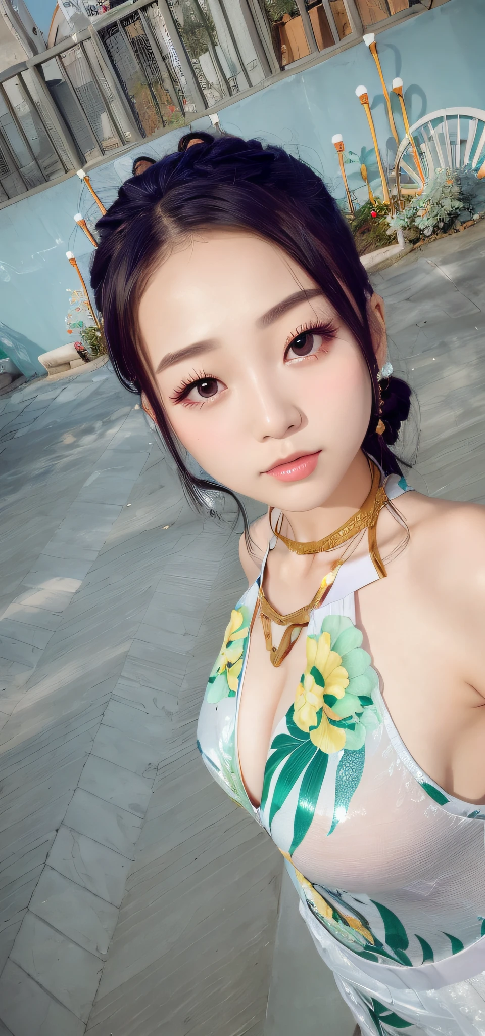 high resolution,
1 beautiful young woman,
(soft saturation:1.3), (fair skin:1.2),
wearing a white clothes,
85mm lens,f/8.0,
background,
gyaru,
brown hair,
huge breasts,
BREAK
(china street:1.3),
1girl, 18 years old, (china dress:1.5), side-tie peek, (china dress:1.5),
double bun and long twin tails, black hair