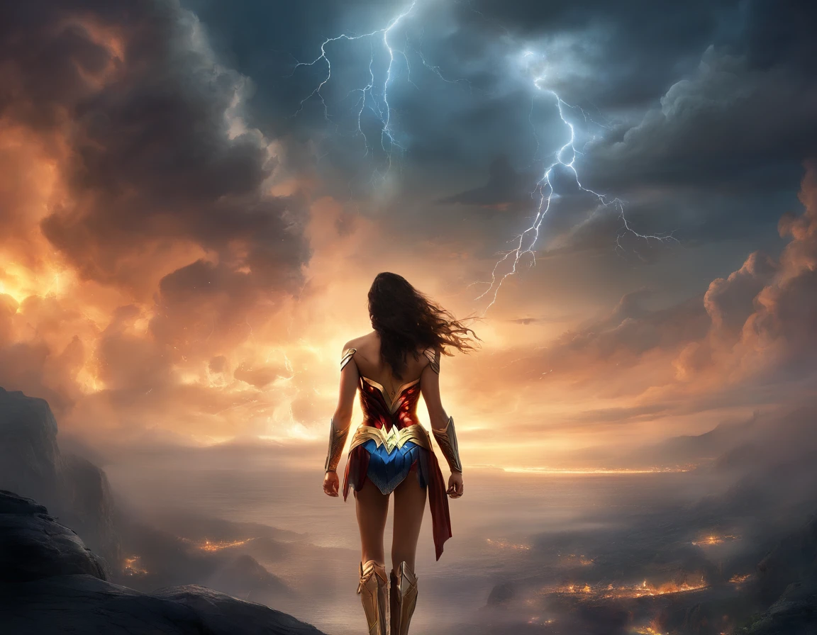 wonder woman scenario, taking the sky and a little bit of earth, field of battle, sky with blue lights, explosions in the sky and fire bullets flying in the air