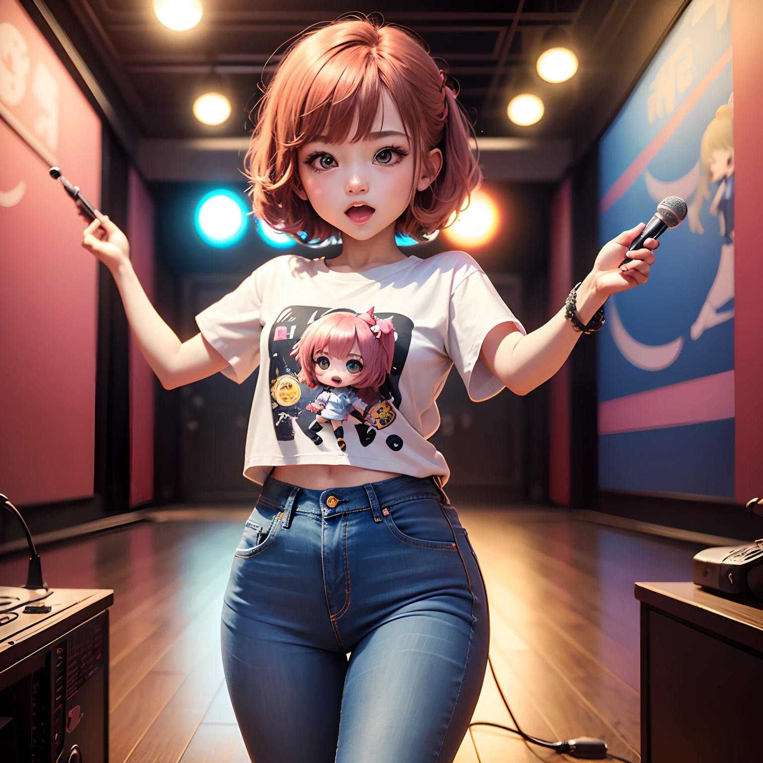 masterpiece、top-quality、ultra-detailliert、(Chibi Chara's Daughter:1.2)、Chibi Karaoke Room、mirror ball🪩、スタンドマイク🎙️、Enthusiasm、damage jeans、tshirts、Standing