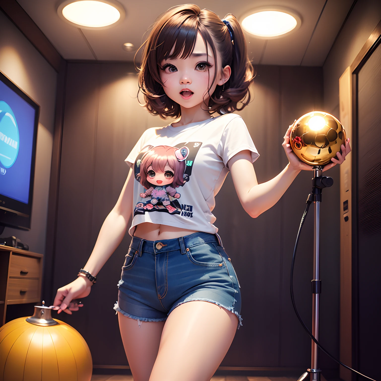 ​masterpiece、top-quality、ultra-detailliert、(Chibi Chara's Daughter:1.2)、Chibi Karaoke Room、mirror ball🪩、スタンドマイク🎙️、Enthusiasm、damage jeans、tshirts、Standing