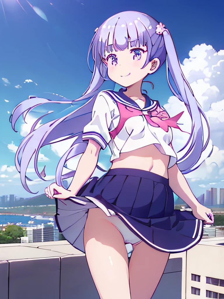 Best Quality, masutepiece,Ultra-detailed, Cute girl s, 1girl in, Solo, a sailor suit, (Windflip skirt), (Glimpse of white panties through skirt), Looking at Viewer, Smile, On the rooftop, From above, city, casual, Detailed cute face, ((Open chest)), ((Cute nipples))