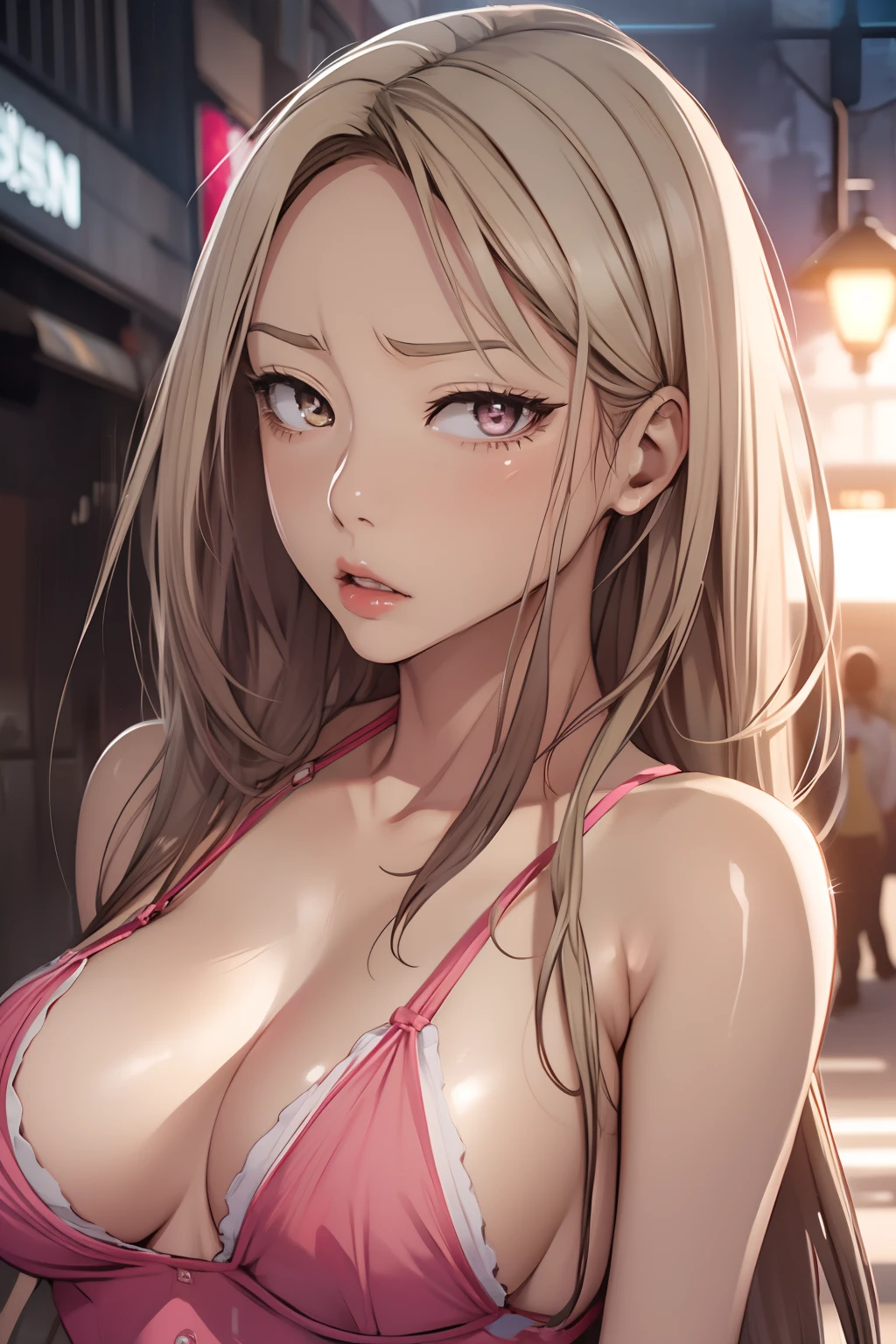 Street,(Keisan:1.5), close up, masutepiece, Best Quality, Original photo, Realistic, Face, Big breasts, Pink Gauze Slip Dress, Incredibly ridiculous, Beautiful Girl, Cute, light yellow long hair, Short suspenders, depth of fields, High resolution, Hyper-detailing, Fine detail, Very detailed, Very detailed eyes and face, Sharp pupils, Realistic pupils, Sharp Focus, Cinematic lighting,