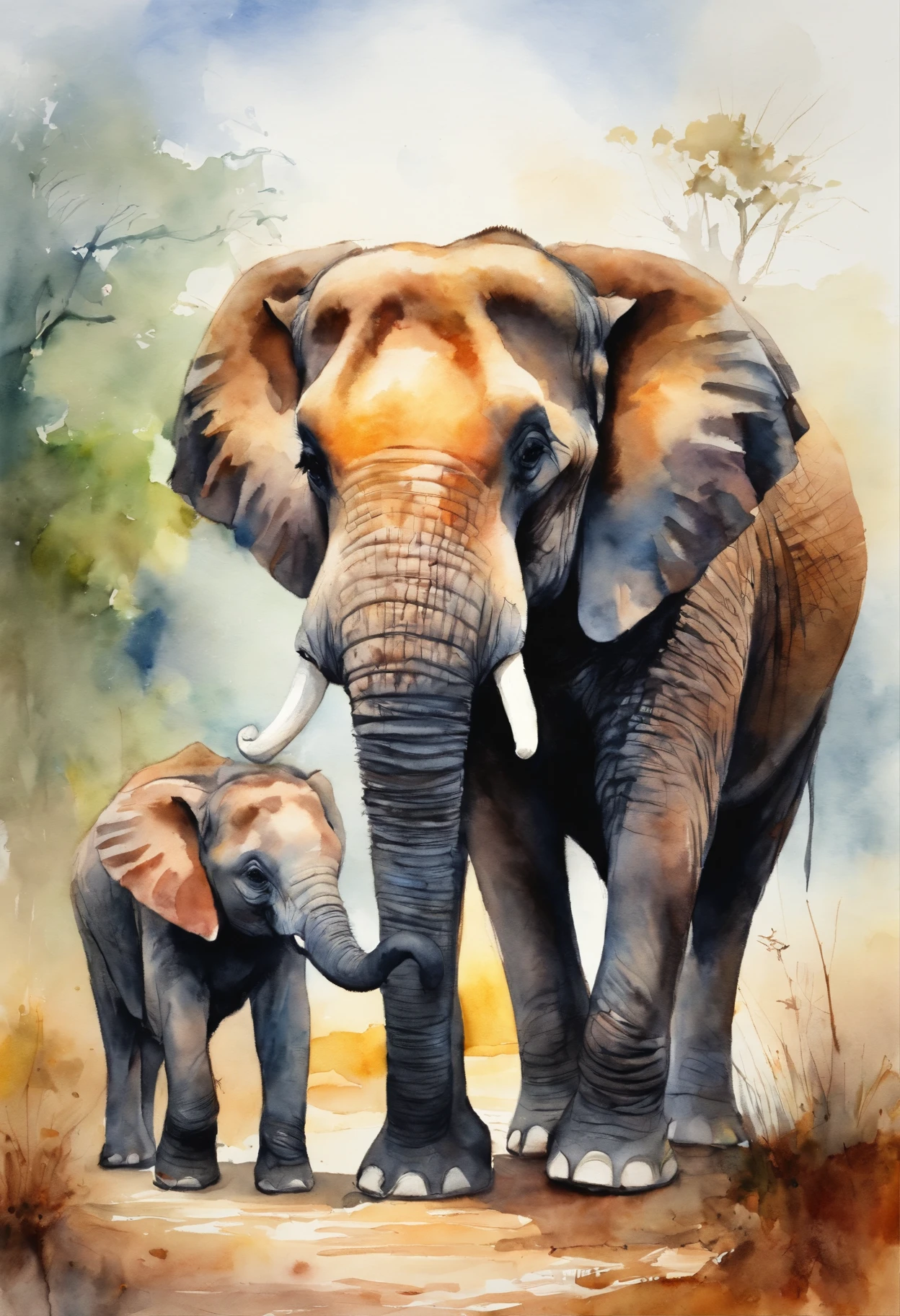 Three-headed family of Asian elephants, Dad, Mom and son, walking towards camera, Colorful scenery. Elephants are painted with brightly colored paints. aquarelle, Soft color, Close-up. Landscape format