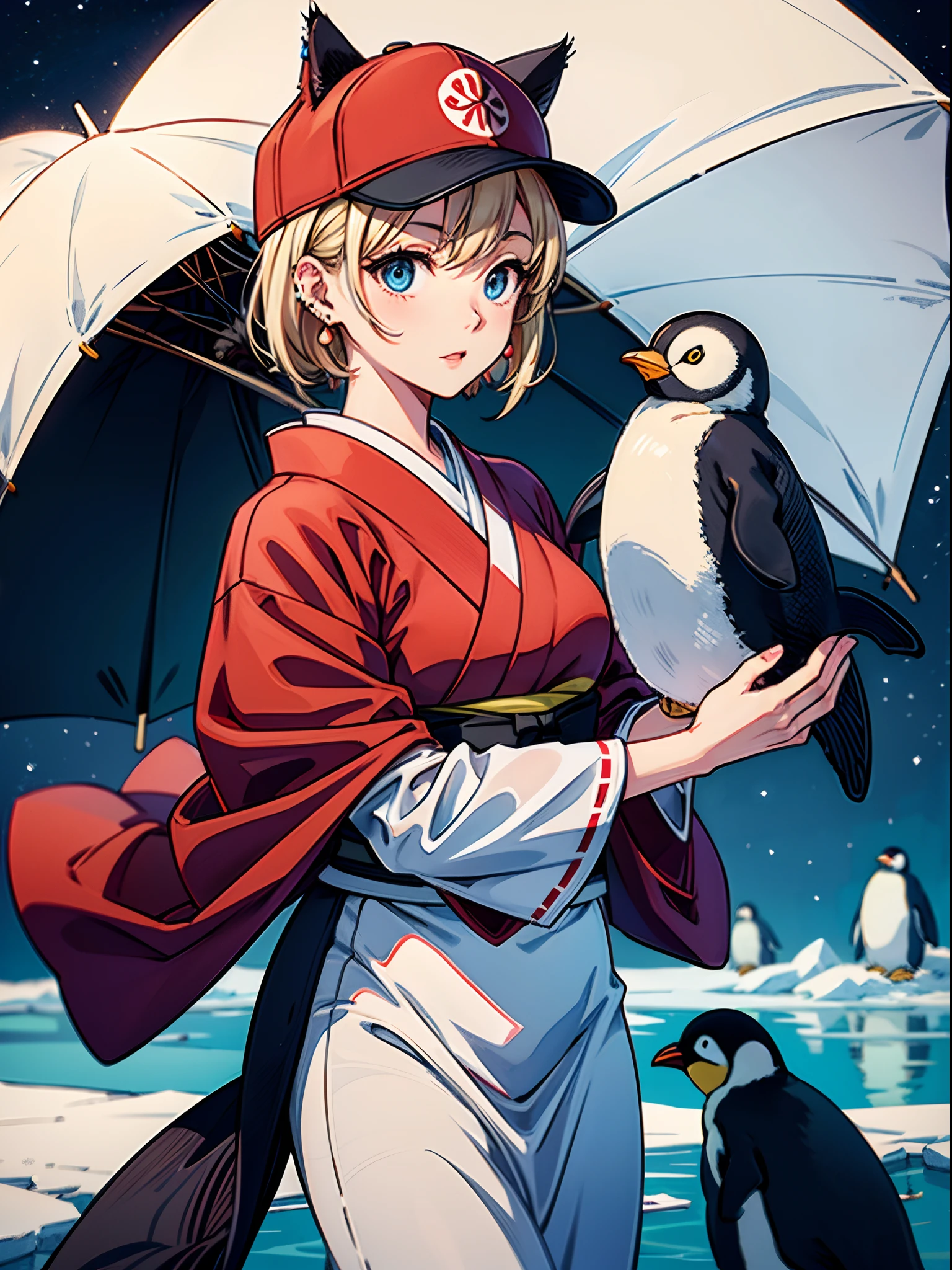 (breathtaking scenery、Arctic Circle、drift ice:1.1),１with animal１a person、short blond hair、With snowflake shaped hair ornament、Talking to a white bear on the ice floes、Beautiful woman、Red Japanese umbrella、((White Japanese Clothing、Cute Penguins:1.3))、White Nights、Aurora、Stars of the Galaxy々、milkyway、​masterpiece、realisitic。Photorealsitic、((Cat's ears、 no sleeves,  Wine Red Baseball Cap:1.2)),Blue eyes, Jewelry, earrings, Piercing, BREAK,General Aiden Def
