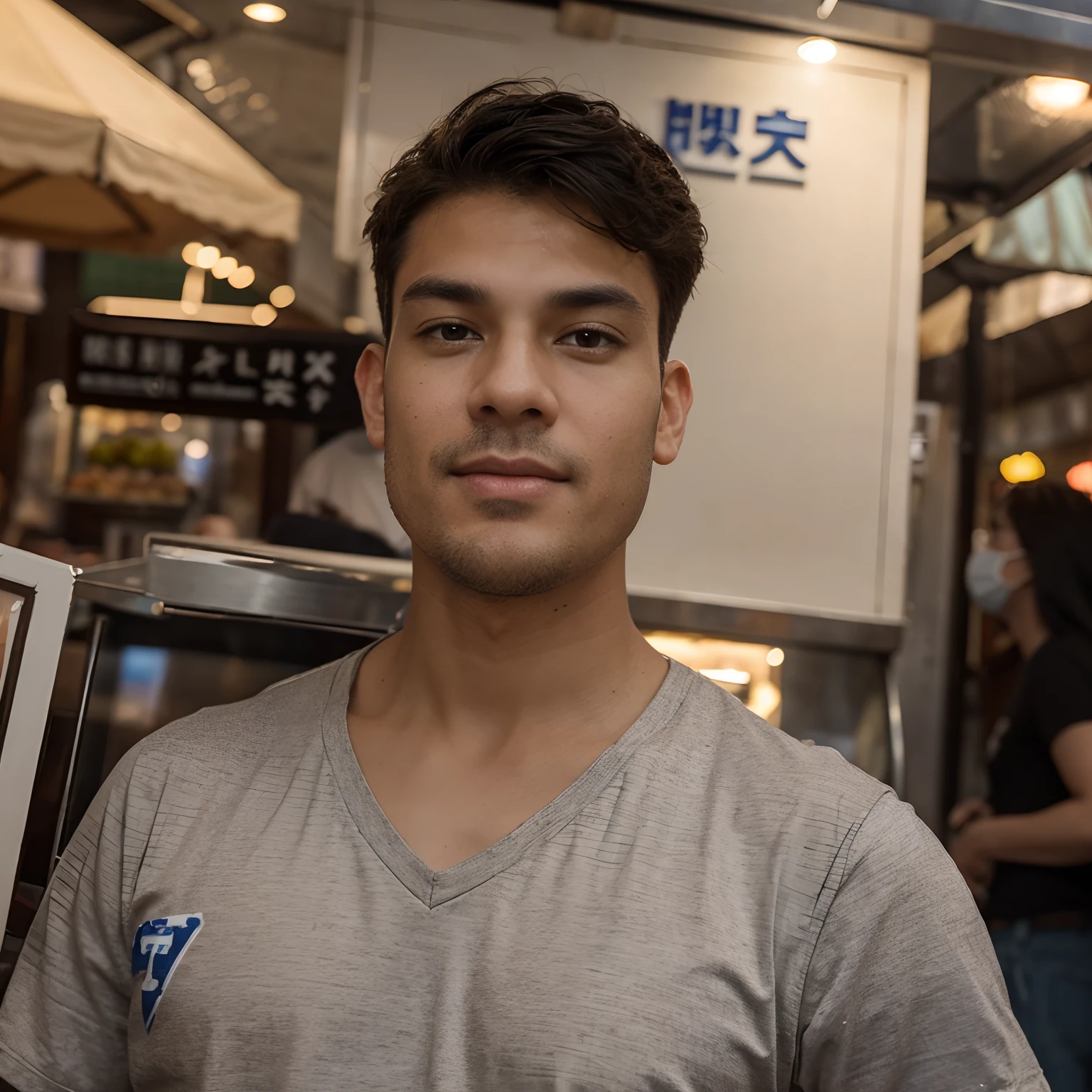 A young and handsome food anchor,Wear stylish clothes,Holding a camera in his hand,Several staff members followed。There is a lively atmosphere all around,There are onlooker spectators and various food stalls。