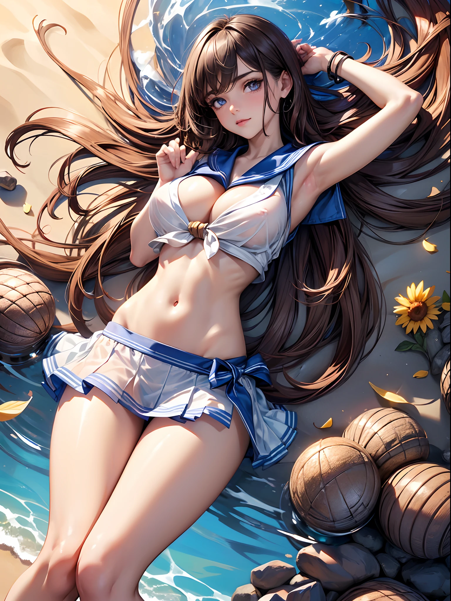 (((toppless))), (((Show off ))), (((Showing off the legs of the spread tread))), (((large full breasts))), (((show off cleavage))), extremely detailed CG unified 8k wallpaper, very fine 8KCG wallpaper, (masterpiece, Best Quality), High resolution, Ultra-detailed, ultra-sharp, 1 girl, full ,Naked, in beach, ((( Light sailor shirt, Sleeveless, Open front))), (((Navel ))), (((Sheer Micro Mini Skirt))), (Beautiful face, Cute face, Detailed face), (((Detailed beautiful eyes))), BREAK, (((Sunny))), Perfect Eyes Eyes