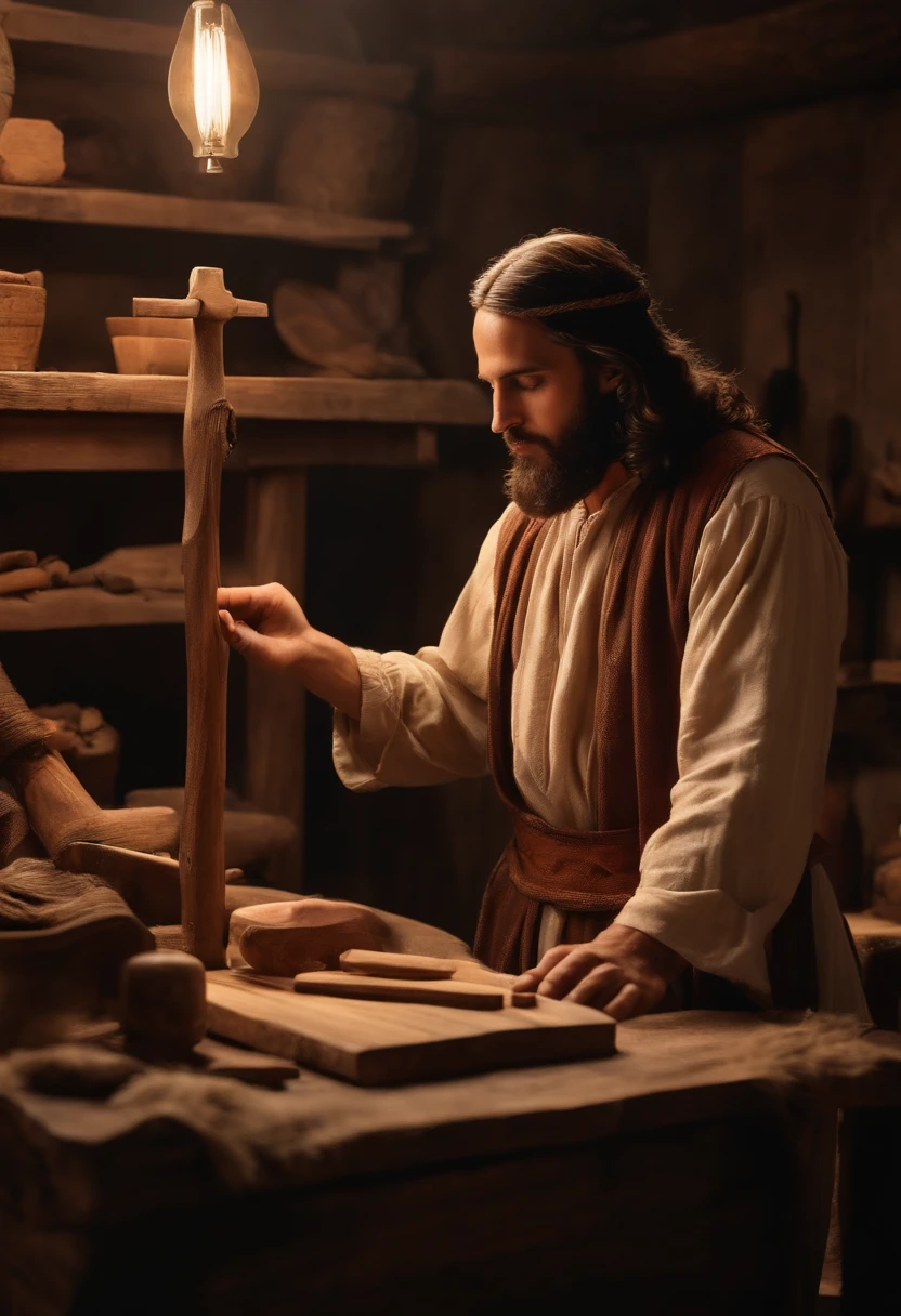 Jesus Christ Jewish Carpenter Scene in an Old Carpentry Shop Handicraft Jesus with Typical Commoner Clothes