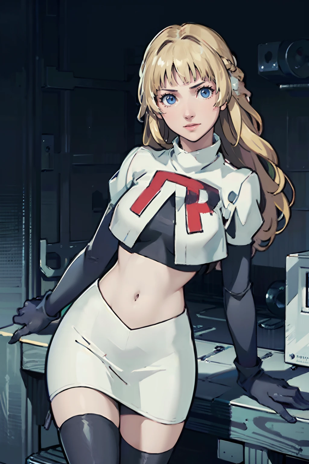 (best quality,4k,8k,highres,masterpiece:1.2),ultra-detailed,(realistic,photorealistic,photo-realistic:1.37),portrait,digital painting,concept art,colorful,soft lighting,face of ingrid_academy,blue eyes,long silver hair with wavy texture,beautiful detailed eyes,beautiful detailed lips,extremely detailed eyes and face,long eyelashes,1girl,smiling proudly,with a confident expression,team rocket member,team rocket uniform,white skirt,white crop top,black thigh-highs,black elbow gloves,standing in a dynamic pose,captivating background with a mix of urban and futuristic elements,vibrant colors,slight anime influence,mysterious atmosphere,hint of purple and pink hues,shiny metallic accents on the uniform,emphasis on the contrast between light and shadows,attention to intricate details and textures,expressing both strength and femininity,attention-grabbing composition with the character prominently positioned,conveying a strong sense of determination and power,creating a visually striking and captivating artwork.