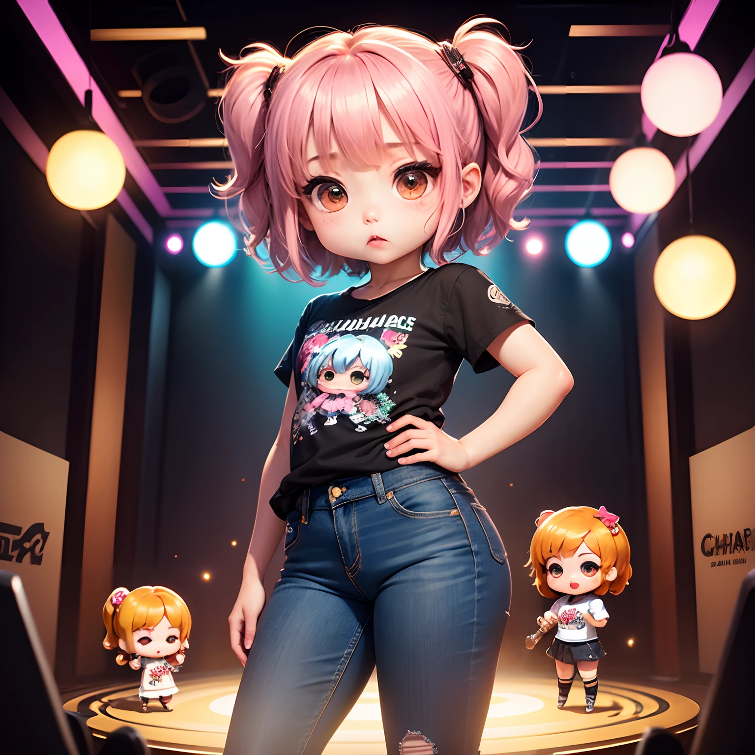 ​masterpiece、top-quality、ultra-detailliert、(Chibi Chara's Daughter:1.4)、Chibi Karaoke Room、mirror ball🪩、スタンドマイク🎙️、Enthusiasm、damage jeans、tshirts、Standing