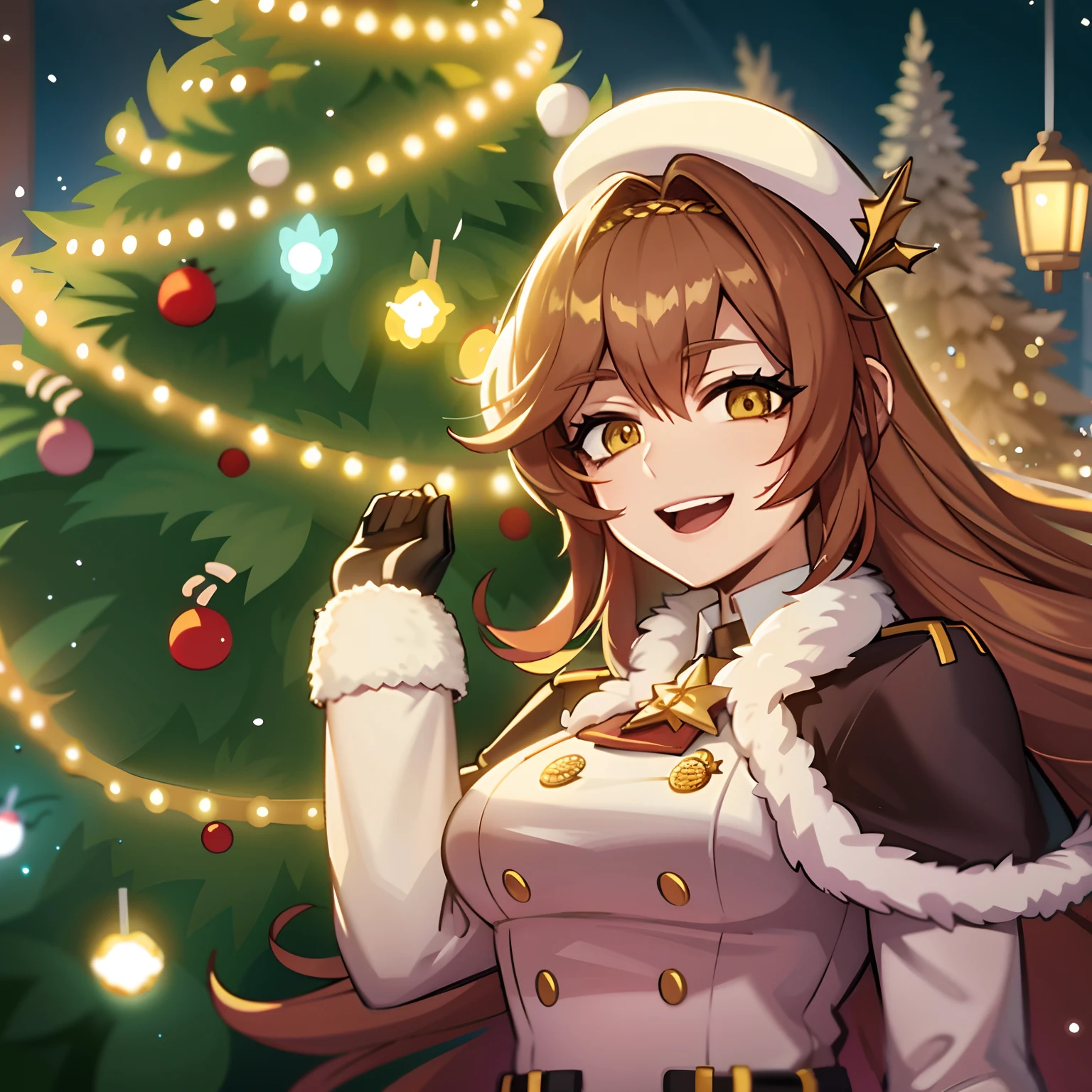 Anime girl in uniform standing in front of a Christmas tree, de meninas da linha de frente, Matou Kitagawa Fanart, por Kanbun Master, Pokimane, KDA, detalhes finos. meninas da linha de frente, tou, por Kamagurka, Noite de Natal, Zenra Taliyah, [[[[Evil sortoudo]]]], arte oficial, Taliyah