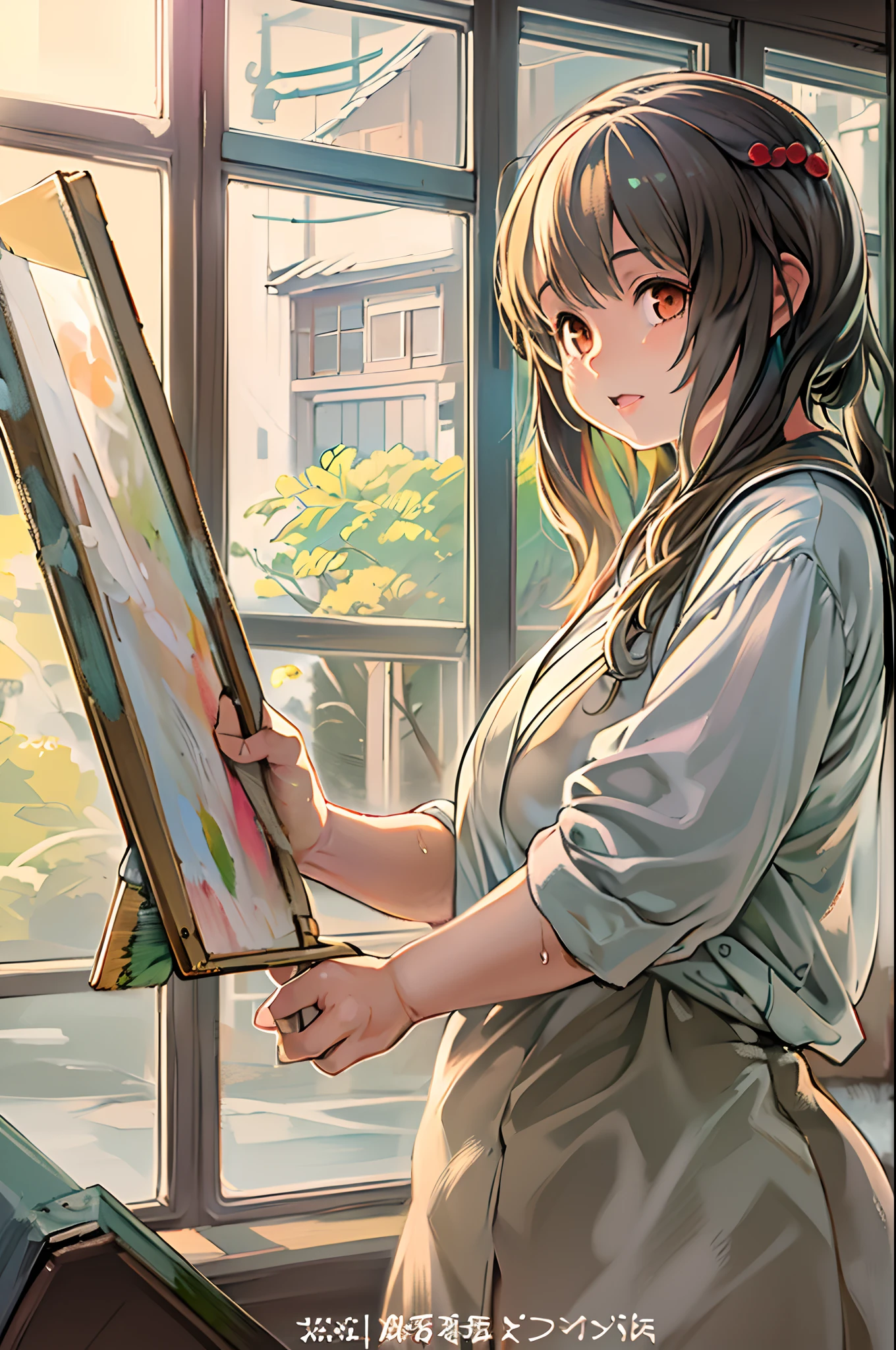 Anime girl with brush and drawing board in front of window, painted in anime painter studio, realistic cute girl painting, Beautiful Anime Portrait, Anime. Soft lighting, detailed painting 4 k, Anime Realism Style, realistic anime art style, artwork in the style of guweiz, Realistic anime art style, made with anime painter studio, Portrait Anime Girl