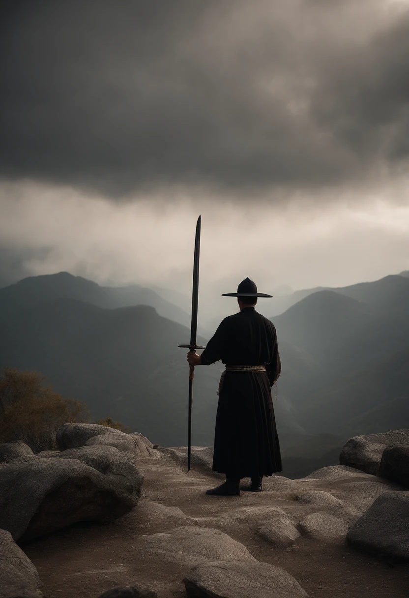 There was a man standing on top of a mountain.,Put on a patio hat.,Hand Held Sword,Wearing a black Monggong dress.,Standing on top of a mountain fighting Mangon.