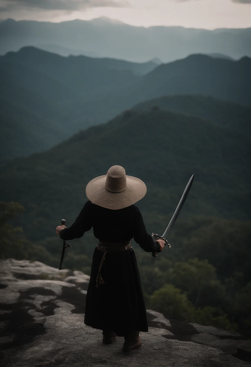 There was a man standing on top of a mountain.,Put on a patio hat.,Hand Held Sword,Wearing a black Monggong dress.,Standing on top of a mountain fighting Mangon.