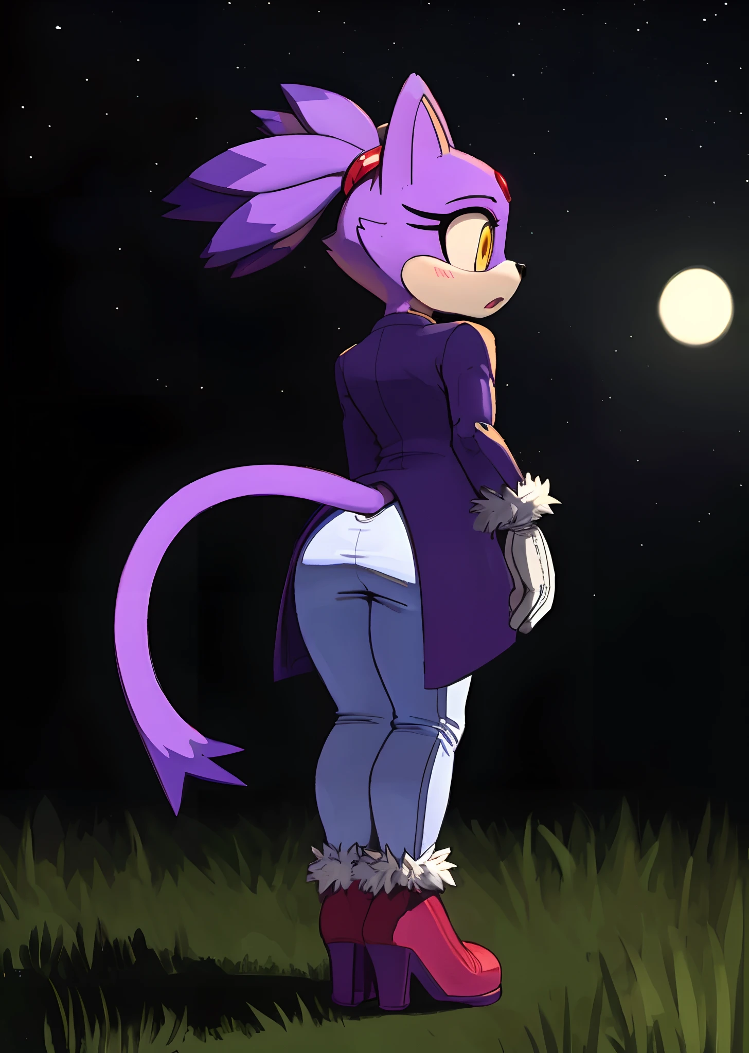 [Blaze the cat], [Uploaded to e621.net; (Pixelsketcher), (wamudraws), (napalm_express)], ((masterpiece)), ((HD)), ((High Quality)), ((furry)), ((ass focus)), ((solo portrait)), ((back view)), ((full body)), ((detailed fur)), ((detailed shading)), ((cel shading)), ((beautiful render art)), ((intricate details)), {anthro, (slender body), purple fur, black nose, cat ears, (cute yellow surprised eyes), (red gem on forehead), long tail, (tied-up hair), (gorgeous hips), (beautiful legs), (camel toe), (surprised)}, {(purple trench coat), (tight white spandex leggings), (white fluff-lined gloves), (red-pink fluff-lined heel boots)}, {(on grass), (on knees), (bend over), (looking at viewer)}, [background; (forest), (spruce trees), (nighttime), (starry sky), (ambient lighting)]