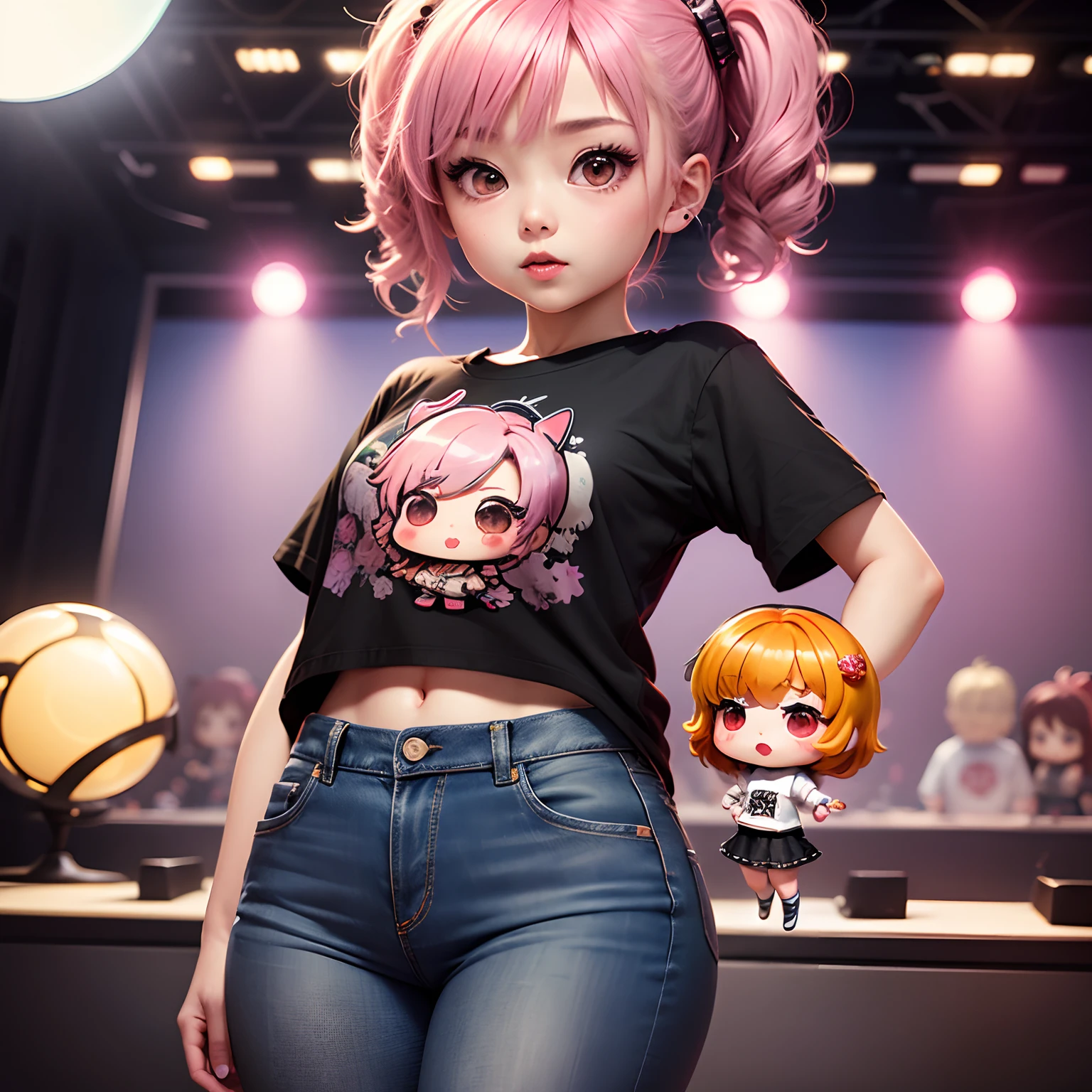 masterpiece、top-quality、ultra-detailliert、(Chibi Chara's Daughter:1.4)、Chibi Karaoke Room、mirror ball🪩、スタンドマイク🎙️、Enthusiasm、damage jeans、tshirts、Standing