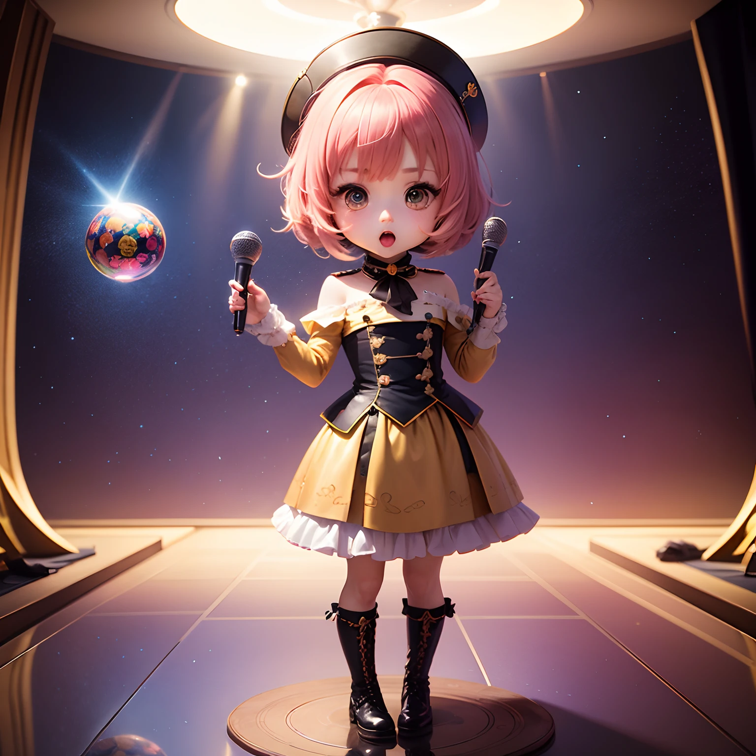 masterpiece、top-quality、ultra-detailliert、(Chibi Chara Napoleon:1.2)、Chibi Karaoke Room、mirror ball🪩、スタンドマイク🎙️、Enthusiasm、Cosplay、Standing