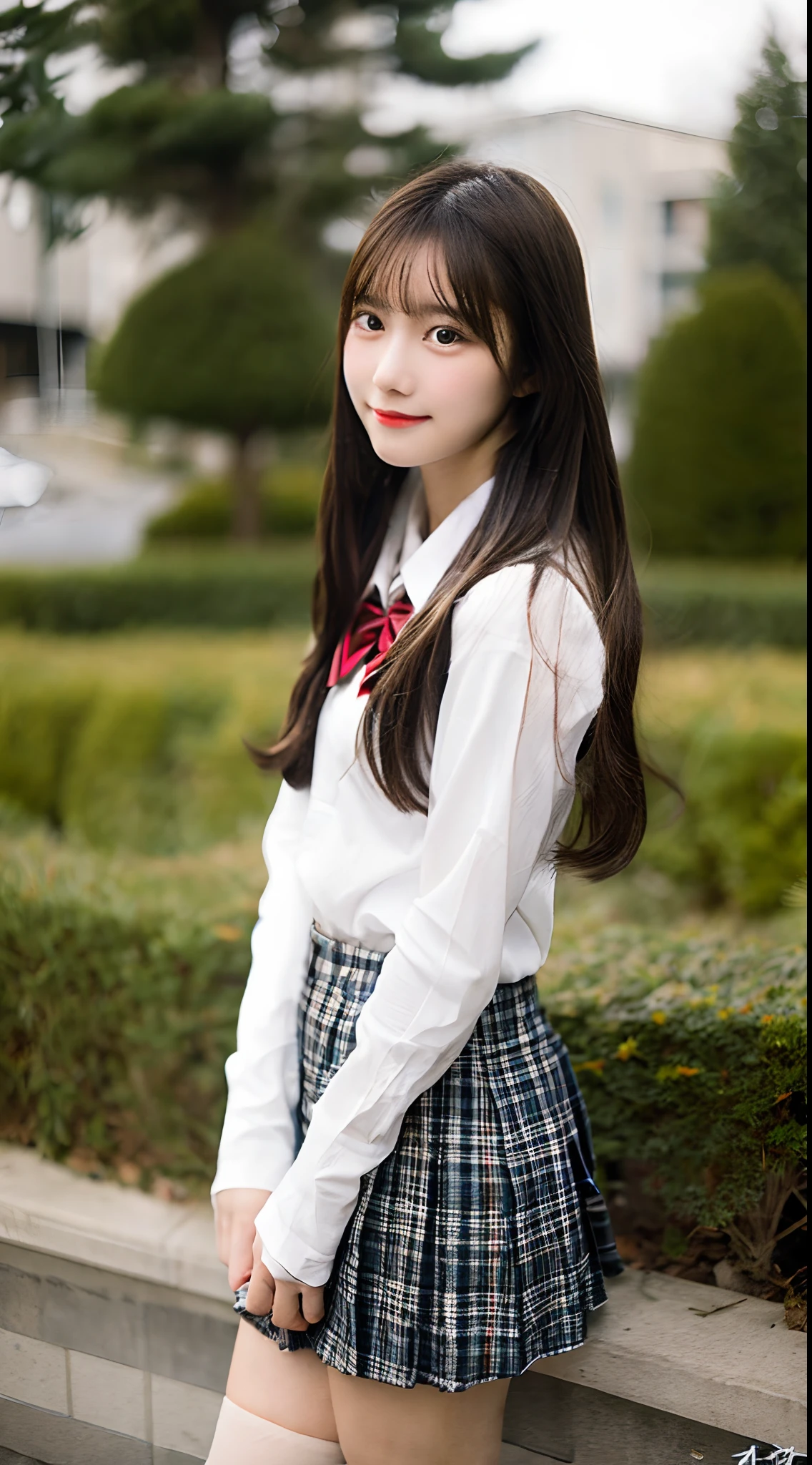 (1 Korean star with royal sister style), ((Best quality, 8K, 巨作: 1.3)), focal point: 1.2, Perfect body proportions: 1.4, (Make a smile), (Ray traching),Watery eyes, Highly Detailed Face and Skin Textur, Fine eyes, Double eyelids, Whitens the skin, (French bangs: 1.3), (face round: 1.5), (JK school uniform: 1.4), (Lace view: 1.6),(Black over-the-knee stockings: 1.4),(J College style:1.4),(Extremely perfect legs),(Decoration on the head:1.3)