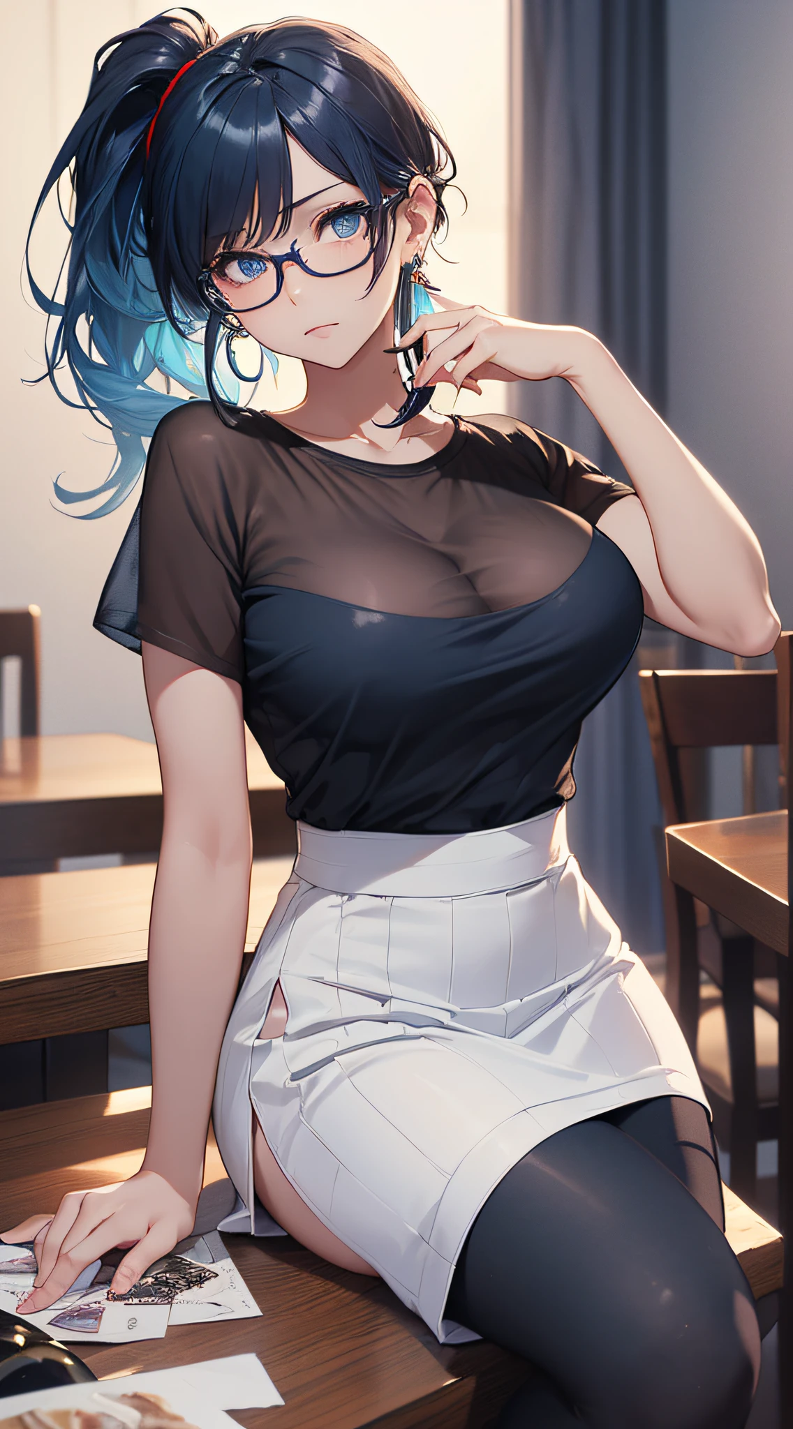 top-quality、Top image quality、masterpiece、girl with((cute little、18year old、Best Bust、Medium bust、Bust 85,Beautiful blue eyes、Breasts wide open,Black Short Sleeve T-Shirt、White see-through、Black short skirt、Ponytail with black hair、Beautiful blue earrings、A slender、Blue hair mesh、sit a chair、Meet your audience face-to-face、Leaning forward、Poses that emphasize breasts、Fiddling with glasses、Drunken face、Cheek cane))hiquality、Beautiful Art、Background with((Red and blue lighting、Stylish restaurant at night、Stylish table、White Wine Bottle、White Wine Glasses)),masutepiece、Elaborate design、visualart、depth of fields、The best lighting、highestdetailed、8k