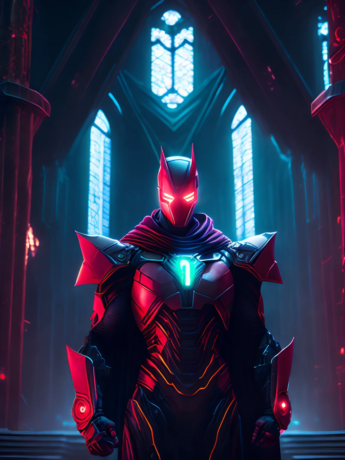 Marvel Comics' grim portrait of Crimson Dynamo with intricate angular cybernetic implants inside a brutalist building, gothic brutalist cathedral, cyberpunk, Foto premiada, Bokeh, Neon lights, cybernetic limb