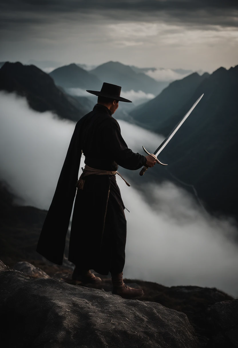 There was a man standing on top of a mountain.,Put on a patio hat.,Hand Held Sword,Wearing a black Monggong dress.,Standing on top of Mount Fireawai fighting with another man.