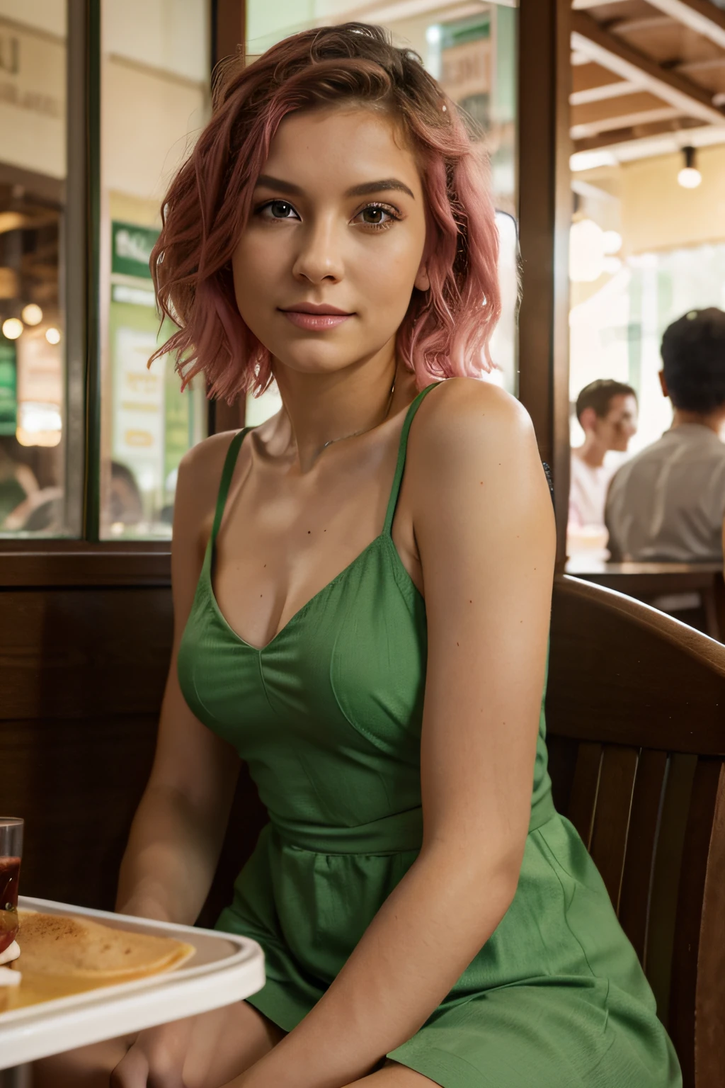 photo of young woman, (Olinka Matros), (Pink) short wavy hair, sitting at a restuarant table, across from thre viewerLooking intently and lovingly at the viewer, busy restaurant in the background blurry, wearing ((green dress)), low cut top, rim lighting, ultra quality, sharp focus, dof, Fujifilm XT3, Nikon d350, digital photograph, photorealistic