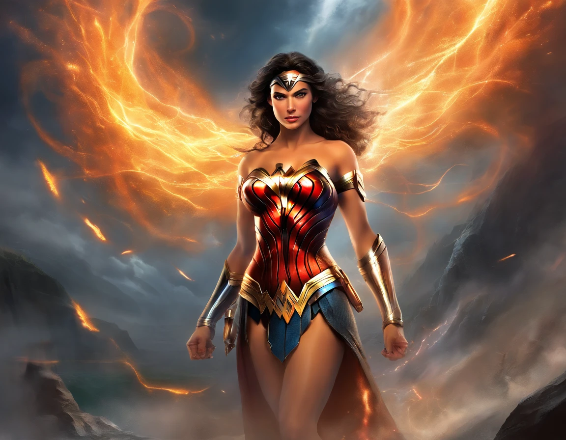 moody storm clouds, raining, epic, lightning, photo realistic front view of thick culminated big breasts wonder woman in micro-bikini-thong costume culminated oiled ass, dynamic fight pose, ready for action, attacked by colossal alien tentacles. building collapse, fire smoke, low-angle shot, wide-angle shot, dramatic angle, extreme angle shot