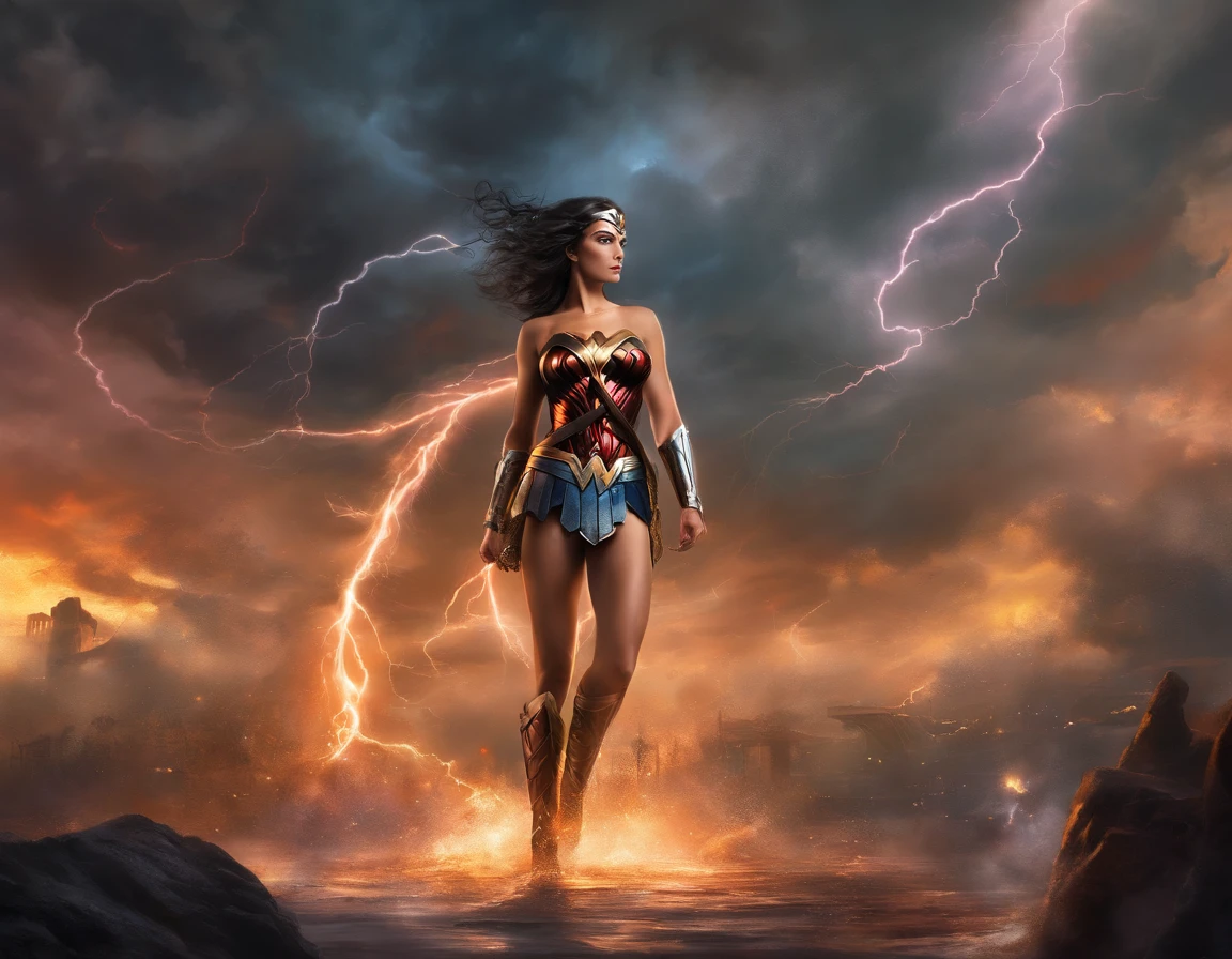 moody storm clouds, raining, photo realistic front view of thicc big breasts wonder woman in micro-bikini-thong costume oiled ass, cameltoe, dynamic pose, ready for action, attacked by tentacles. building collapse, fire smoke, low-angle shot, wide-angle shot, dramatic angle, extreme angle shot