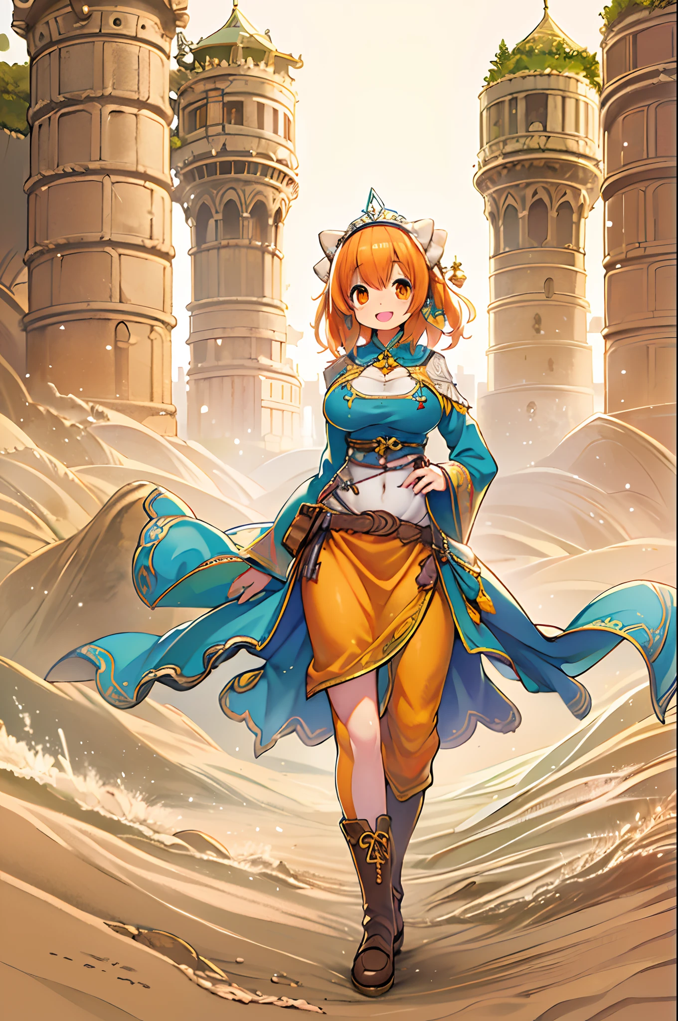 masutepiece, Best Quality, Solo, 1girl in, Orange hair, Blue hair, :D, Orange dress, Looking at Viewer, Outdoors, Sand, sand dunes, Huge castle, diadems, Standing, Full body, Cowboy Shot, Hands on hips,