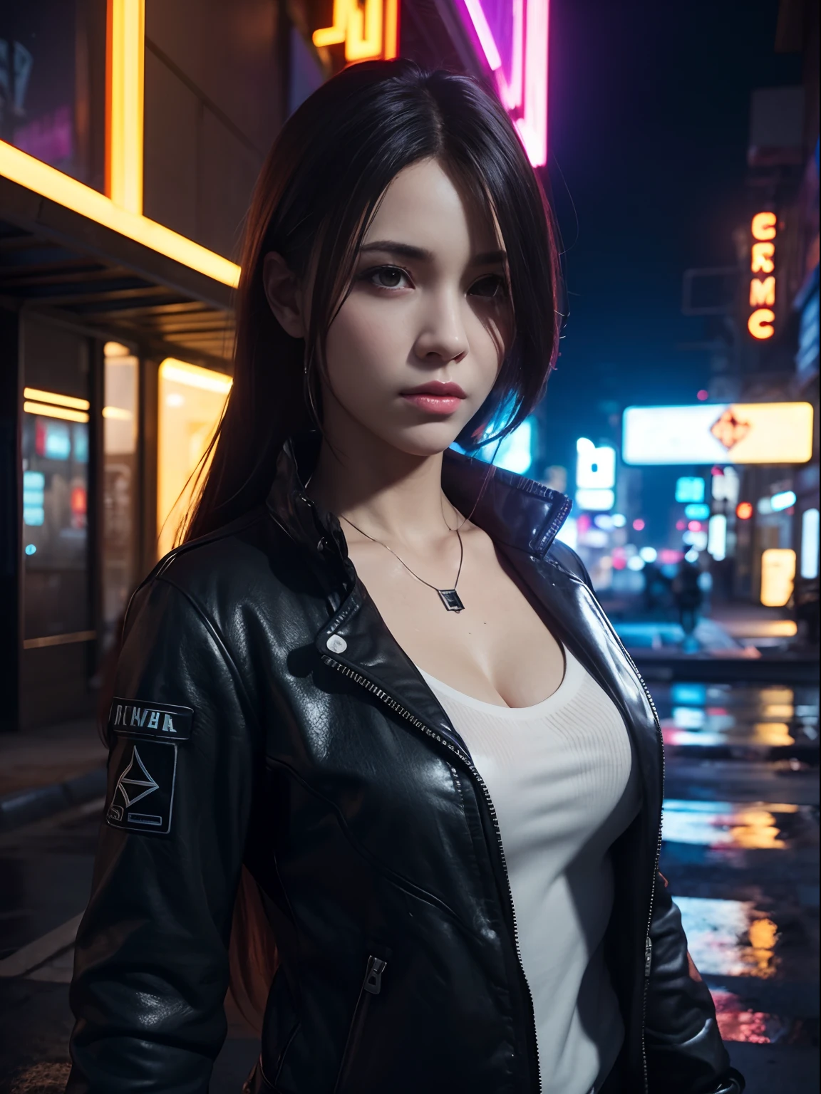 1 policeman,Solo,(3D realistic), Cold,mediuml breasts,(cleavage),tight leather clothes,cropped shoulders, hyper HD, 8K,dramatics,(Mid-range portrait),looking to the camera,The city of the future,street corner,the night,Sateen,volume fog,steamy,cyber punk perssonage
