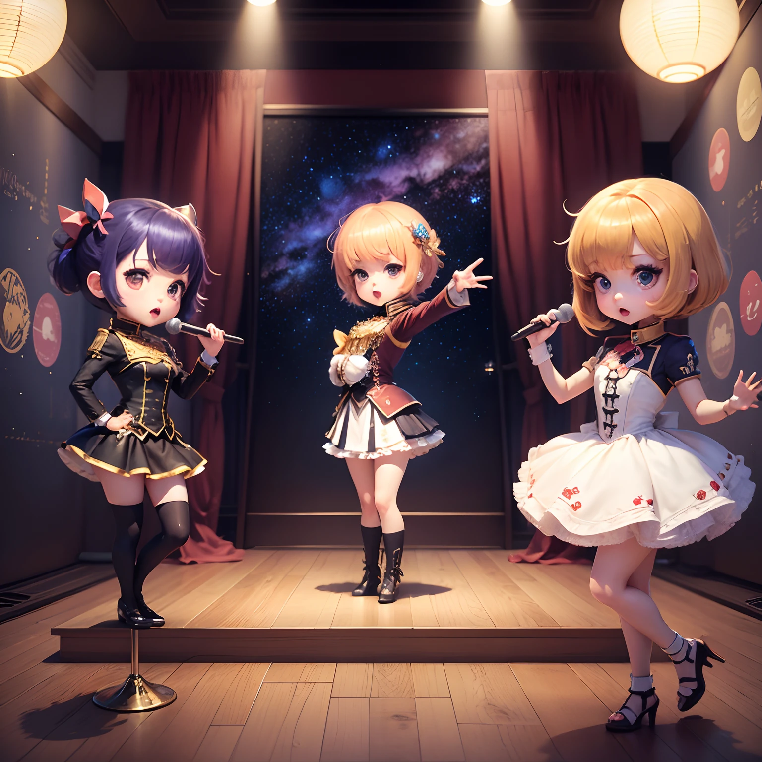 masterpiece、top-quality、ultra-detailliert、(Chibi Chara Napoleon:1.2)、Chibi Karaoke Room、mirror ball🪩、スタンドマイク🎙️、Enthusiasm、Cosplay、Standing