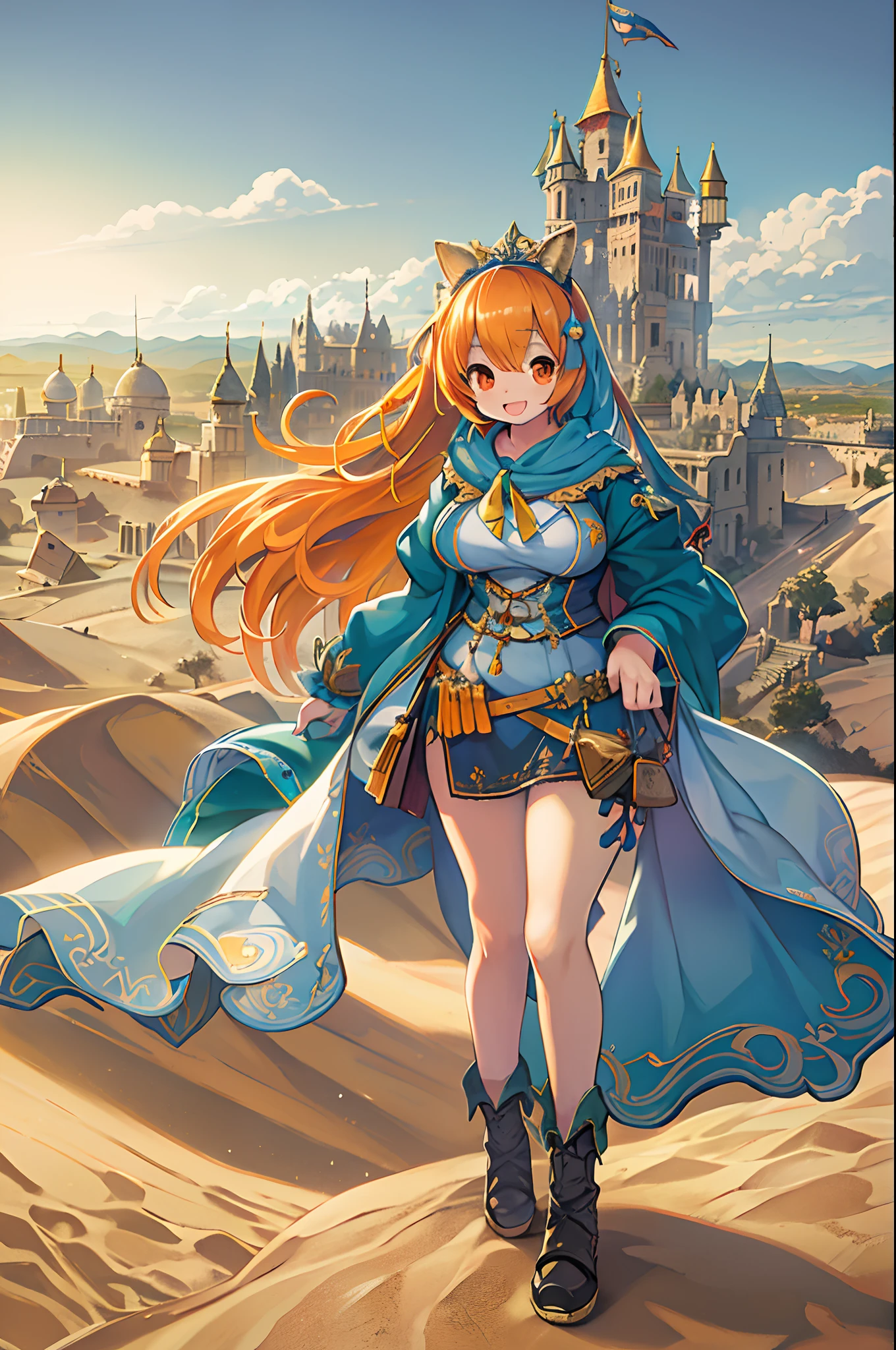 masutepiece, Best Quality, Solo, 1girl in, Orange hair, Blue hair, :D, Orange dress, Looking at Viewer, Outdoors, Sand, sand dunes, Huge castle, diadems, Standing, Full body, Cowboy Shot, Hands on hips,