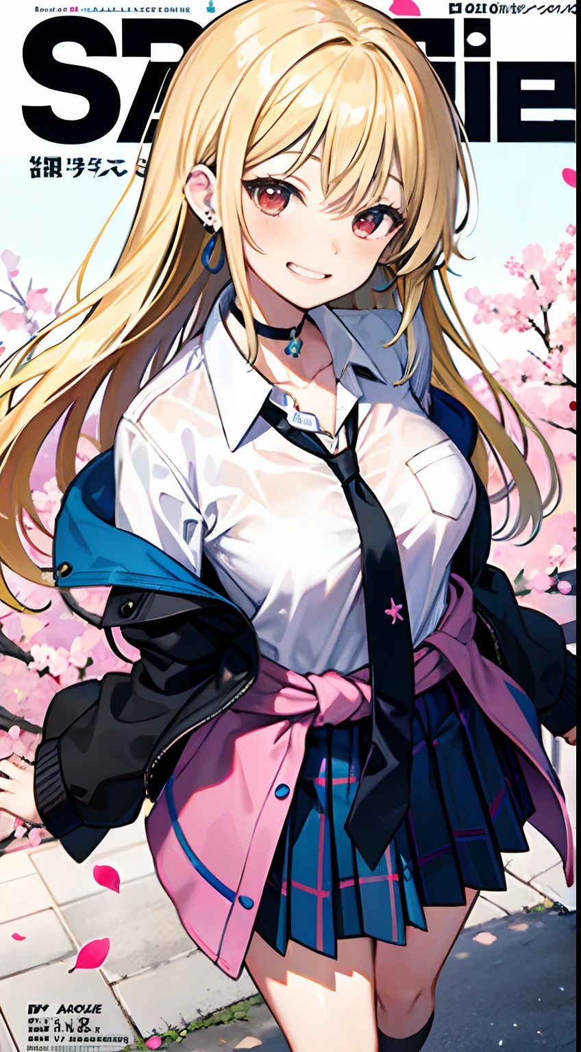 bust art of a cute anime girl, 1girl, c-cup breasts, long blonde hair, straight hair, (purple eyes), (white and black baseball cap), (grey jacket), (purple plaid skirt), (grey tights/leggings), walking in the park, park scenery, cute face, beautiful smile, pokemon girl, full lips, pink lipstick, glossy lips