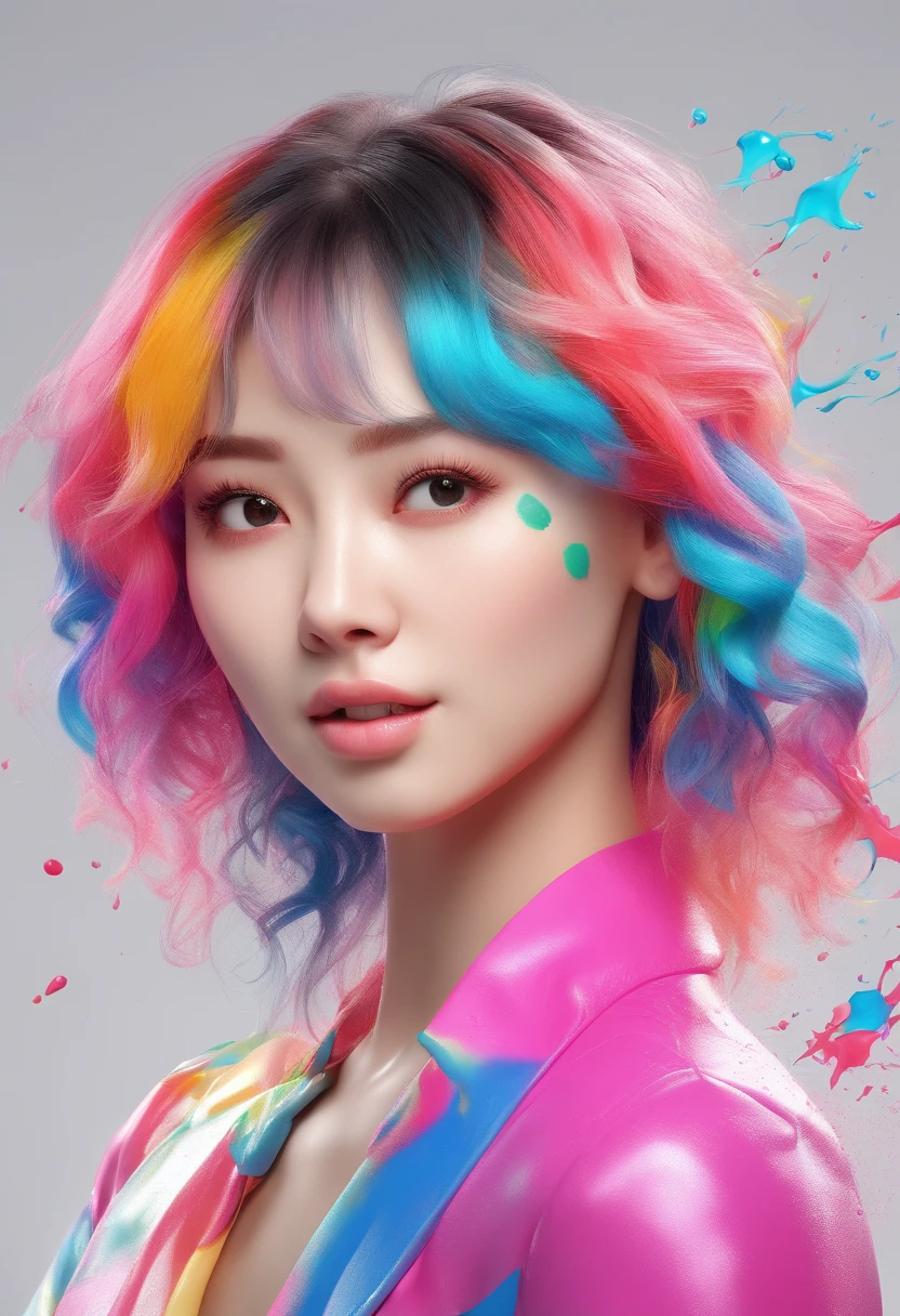 (Masterpiece, Best Quality, High Resolution), White Background, ((Paint Splash, Color Splash, Splash of Ink, Color Splash)), Sweet Chinese Girl, Rainbow Hair, Pink Lips, Front, Upper Body