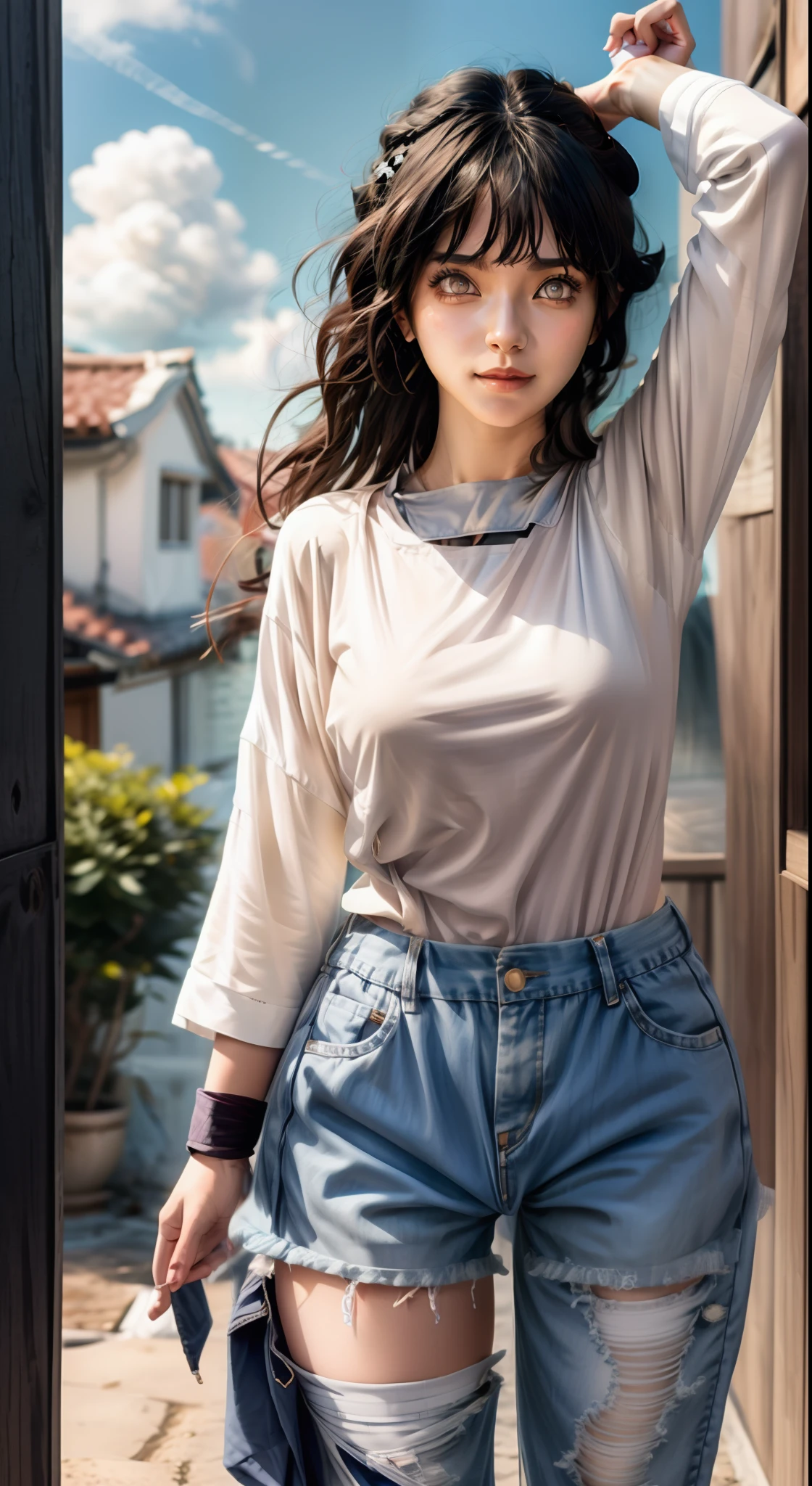 best image quality, masterpiece, super high resolution, (fidelity:1.4), photo, 1 girl, white shirt, torn jeans, white sneakers, dim, darkness, despair, pity, poor, movie, tears, teardrops, (torn clothes:1.5), (wet clothes:1.4), bare shoulders, real rain, wet hair,..微笑