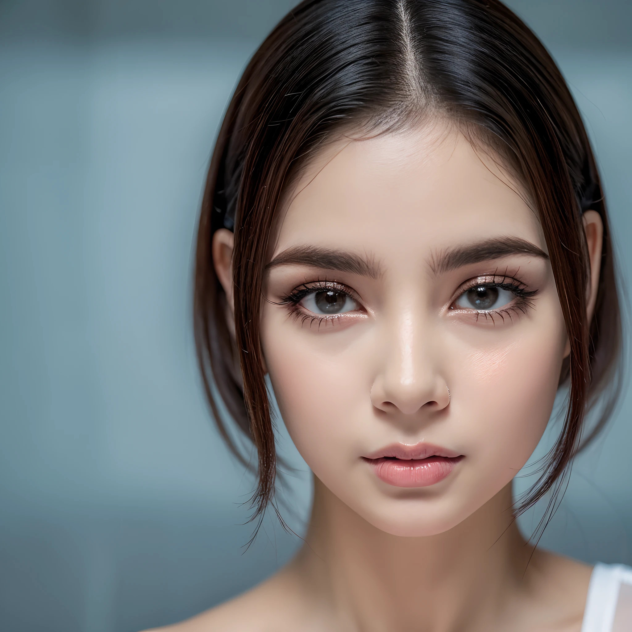 Garota bonita, Angelic and demonic, rosto lindo e adoravel, olhos grandes, olhos pretos, olhos coreanos, aegyo sal, nariz perfeito, boca desenhada e vermelha, olhar sedutor, cabelo preto/castanho escuro, cabelo ondulado, apenas o rosto, garota linda e sedutora, garota misteriosa