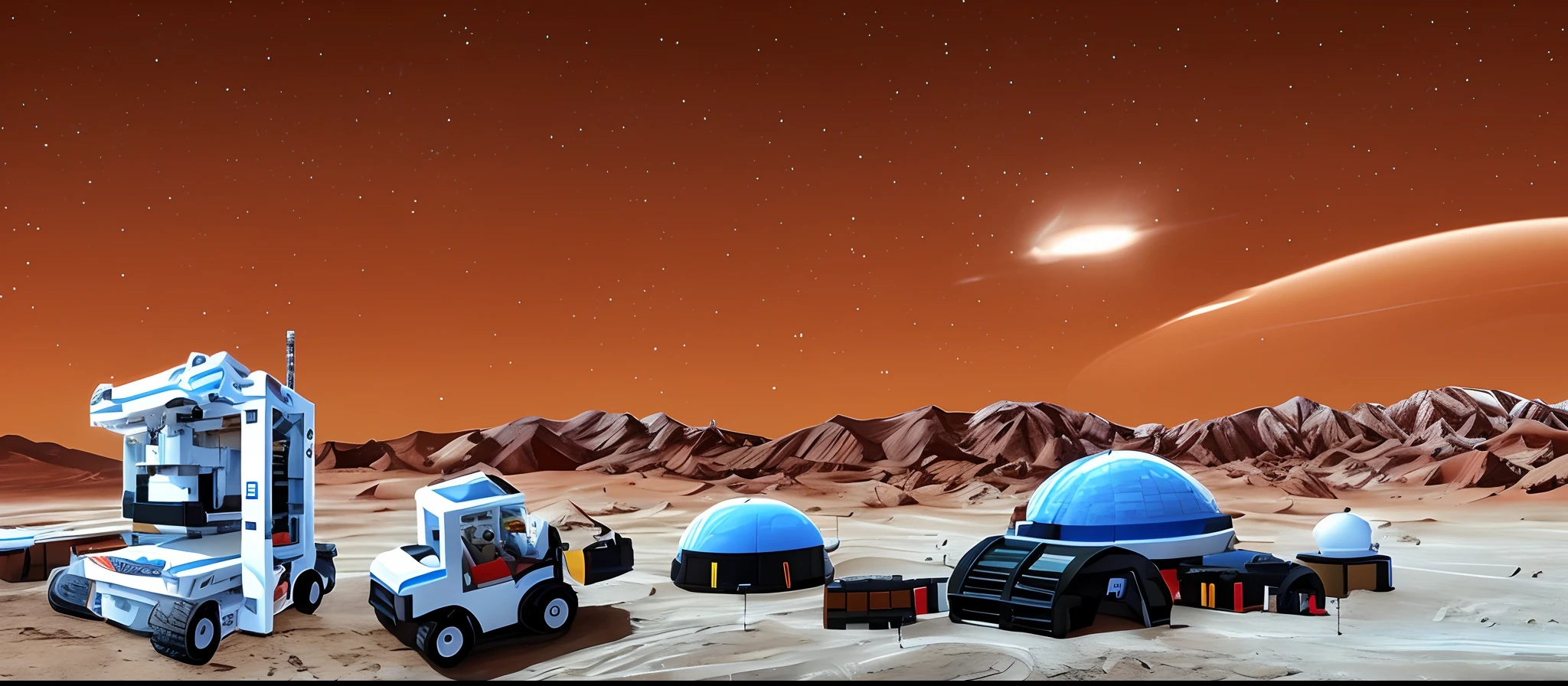 On the surface of Mars，A white 3D printer is printing red Lego bricks，There is a square indenter above the printer，Used to press bricks，Some bricks are being placed on top of the platform below the indenter，There is a white forklift carrying red bricks for transportation，There are also some alien white buildings next to it。Above the background are hills and starry sky。Overall realism，realisticlying，High-tech some。