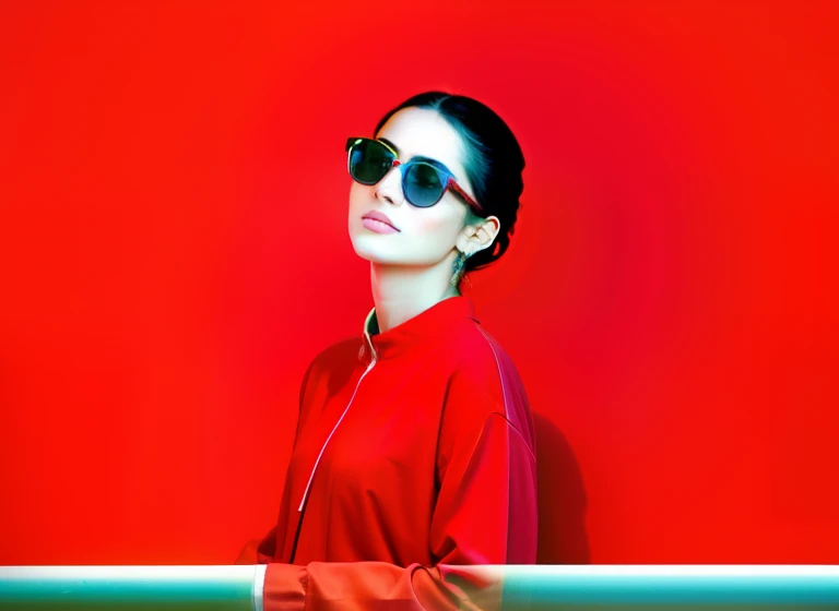 una mujer con gafas de sol y camisa verde posando sobre un fondo gris, Red mood in the background, en fondo rojo, Modelo de moda con gafas de sol, sobre fondo rojo, Dominando el color rojo, colores rojos vibrantes, Ropa roja, Mujer con gafas de color rosa, mirada inocente. colores vivos y ricos, Colores brillantes con matices rojos, colorido con tonos rojos, Todo rojo, colores rojos intensos