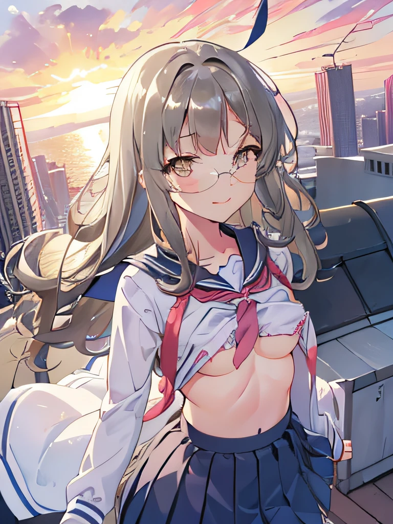 Best Quality, masutepiece,Ultra-detailed, Cute  girl s, 1girl in, Solo, a sailor suit, (Windflip skirt), (Glimpse of white panties through skirt), Looking at Viewer, Smile, On the rooftop, From  above, city, casual, Detailed cute face, ((Open chest)), ((Cute nipples))