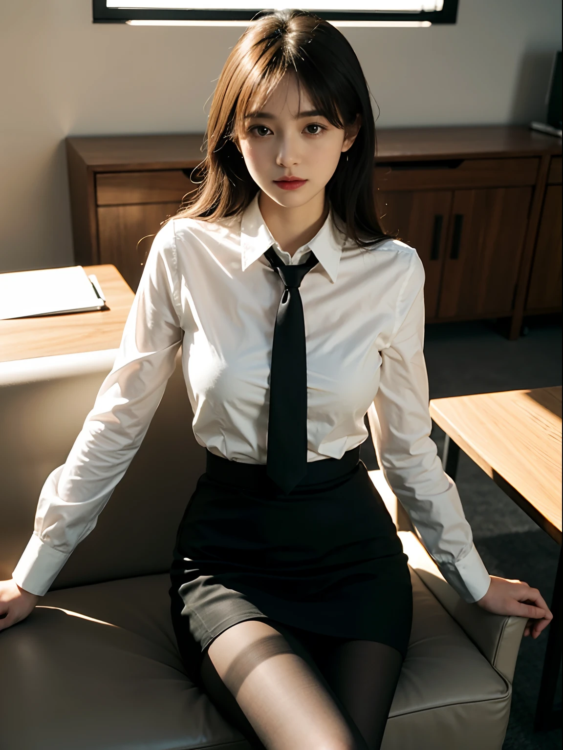 1girl,young girl, shiny skin,medium breasts,nice leg line:1.3, thin waist,school uniform, thighhighs,necktie,((pencil skirt)),looking at viewer,from below,( pantyhose:1.3),(The golden ratio figure),(Office, sit in a chair:1.3),Close range
masterpiece, best quality, best perspective, ultra-detailed and intricate, extremely delicate and beautiful, best quality light, (ray tracing:1.1), anti-aliasing,
realistic,photorealistic,award-winning illustration,(intricate details:1.2),(delicate detailed) (intricate details),(cinematic light,best quality Backlights),clear line,sharp focus,official art,unity 8k wallpaper,absurdres,incredibly absurdres,huge filesize,ultra-detailed,highres,extremely detailed extremely delicate and beautiful,RAW photo, professional lighting,dynamic lighting,light on the face,depthoffield,solofocus,