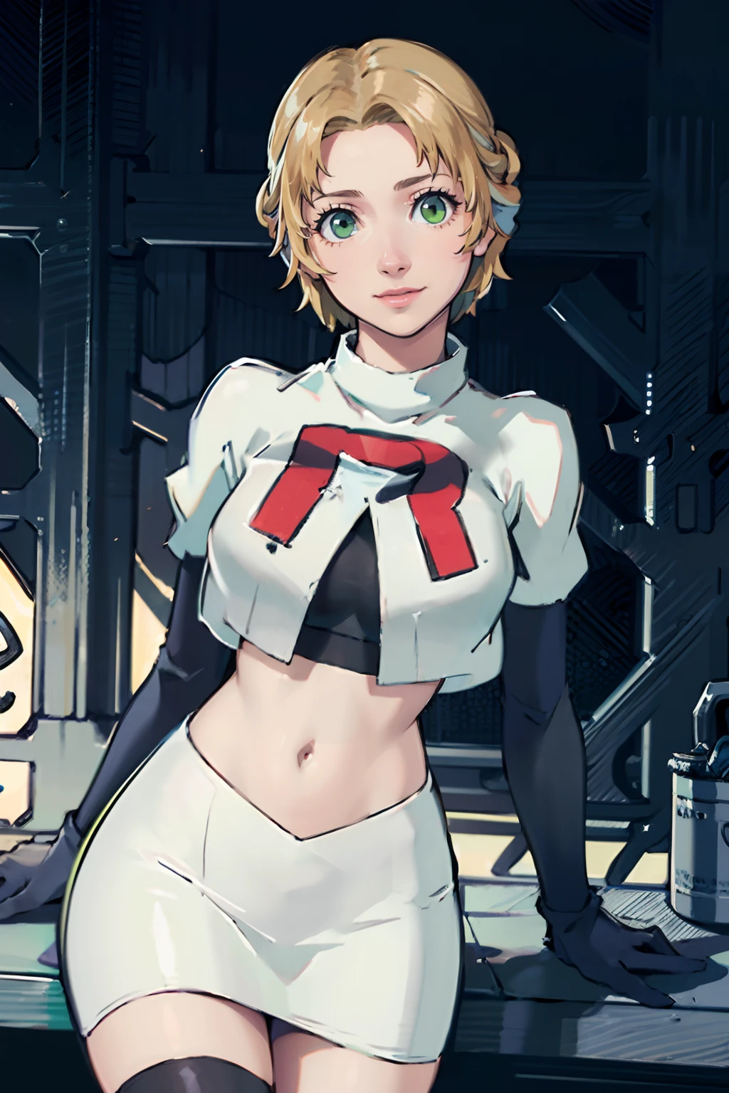 (best quality,4k,8k,highres,masterpiece:1.2),ultra-detailed,(realistic,photorealistic,photo-realistic:1.37),ingrid_timeskip,1girl,team rocket,team rocket uniform,red letter R,white skirt,white crop top,black thigh-highs,black elbow gloves,proud smile,green eyes,portraits,street art,vibrant colors,warm lighting