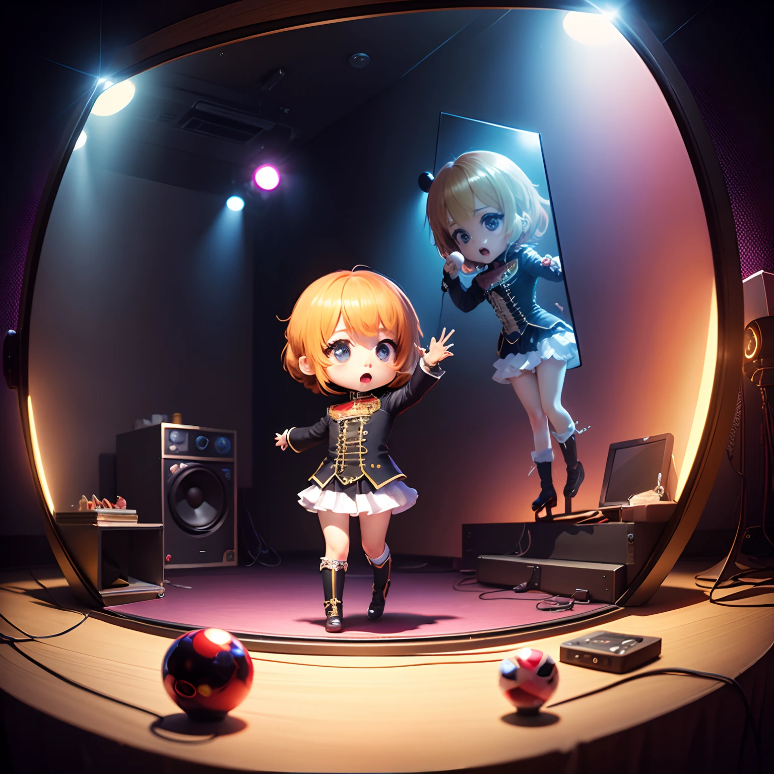 masterpiece、top-quality、ultra-detailliert、(Chibi Chara Napoleon:1.2)、Cosplay、Chibi Karaoke Room、Karaoke Monitor、mirror ball🪩、マイク🎙️、Enthusiasm、Standing