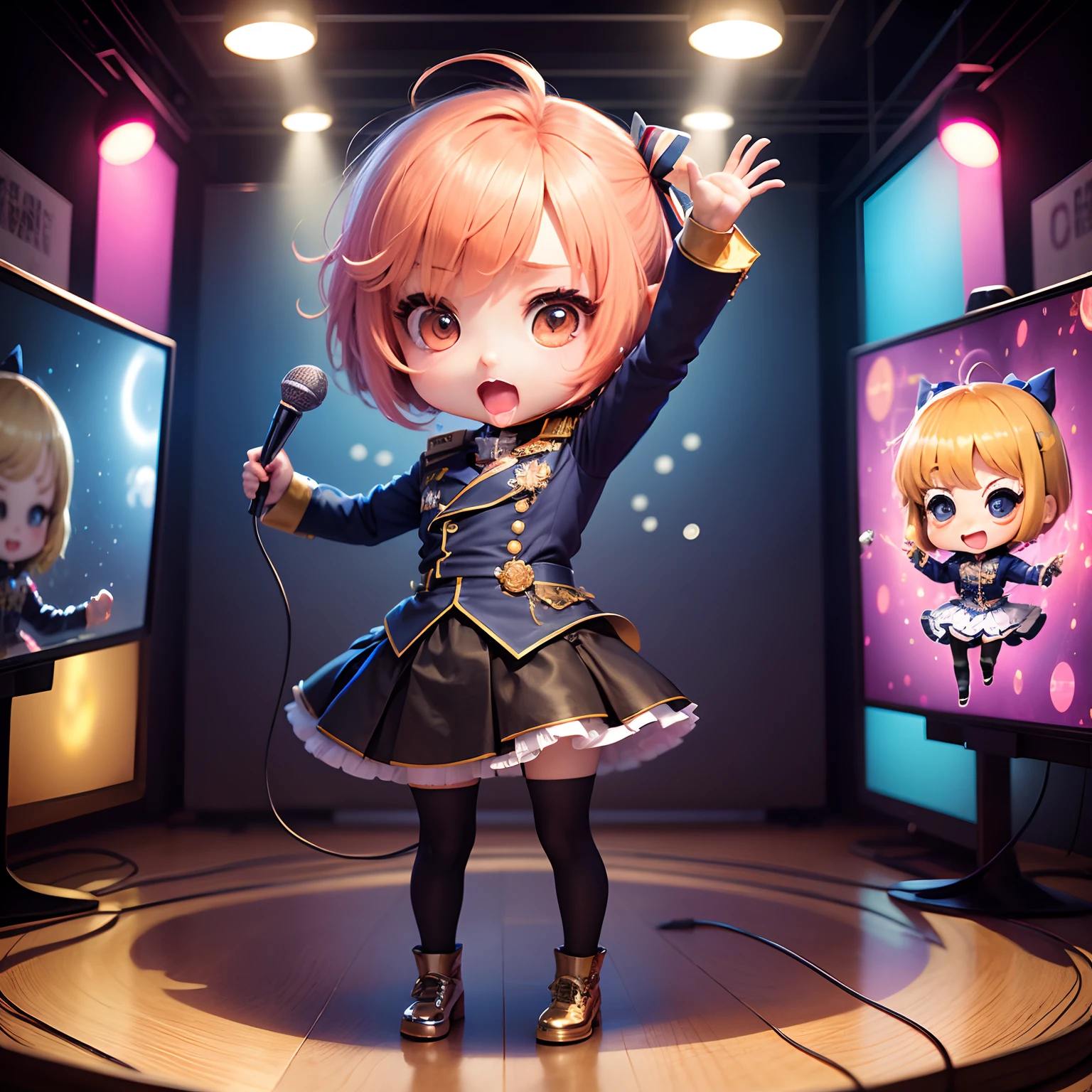 masterpiece、top-quality、ultra-detailliert、(Chibi Chara Napoleon:1.2)、Cosplay、Chibi Karaoke Room、Karaoke Monitor、mirror ball🪩、マイク🎙️、Enthusiasm、Standing