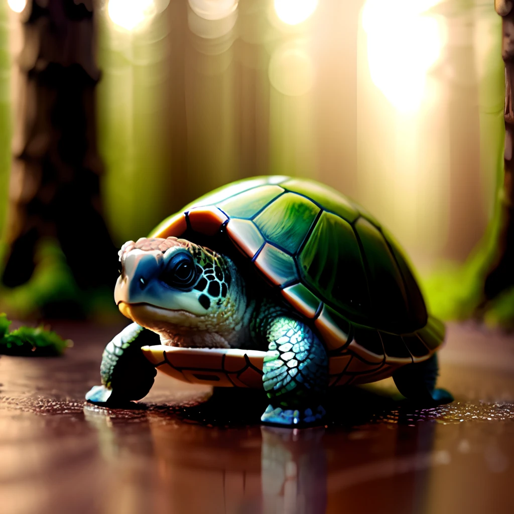 cute turtle, emotional forest, realistic