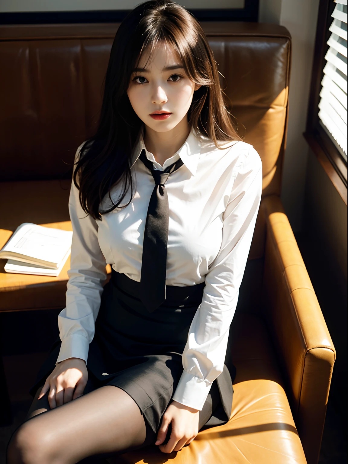 1girl,young girl, shiny skin,medium breasts,nice leg line:1.3, thin waist,school uniform, thighhighs,necktie,((pencil skirt)),looking at viewer,from below,( pantyhose:1.3),(The golden ratio figure),(Office, sit in a chair:1.3),Close range
masterpiece, best quality, best perspective, ultra-detailed and intricate, extremely delicate and beautiful, best quality light, (ray tracing:1.1), anti-aliasing,
realistic,photorealistic,award-winning illustration,(intricate details:1.2),(delicate detailed) (intricate details),(cinematic light,best quality Backlights),clear line,sharp focus,official art,unity 8k wallpaper,absurdres,incredibly absurdres,huge filesize,ultra-detailed,highres,extremely detailed extremely delicate and beautiful,RAW photo, professional lighting,dynamic lighting,light on the face,depthoffield,solofocus,