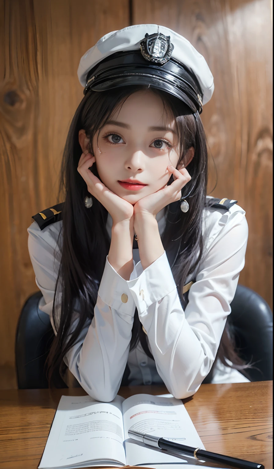 Simple background, (Wearing a policewoman uniform and hat: 1.4), Good hands, 4K, High resolution, masutepiece, Best Quality, Head: 1.3, ((Hasselblad photo)), Fine skin, Clear focus, (Cinematic lighting), Soft lighting, Dynamic Angle, [:( Detailed face: 1.2): 0.2], medium breasts, breasts, (((Inside the mansion))), (Chest exposed: 1.1), 1 girl, Jewelry, earrings, orange_skyporn, Solo, Mole, long_hair, Mole_Under_eye, The upper part of the body_Body, greys_Eyes, up looking_で_viewer,, Brunet, Fashion, (Head tilt: 1.4), Simple background, Red background,