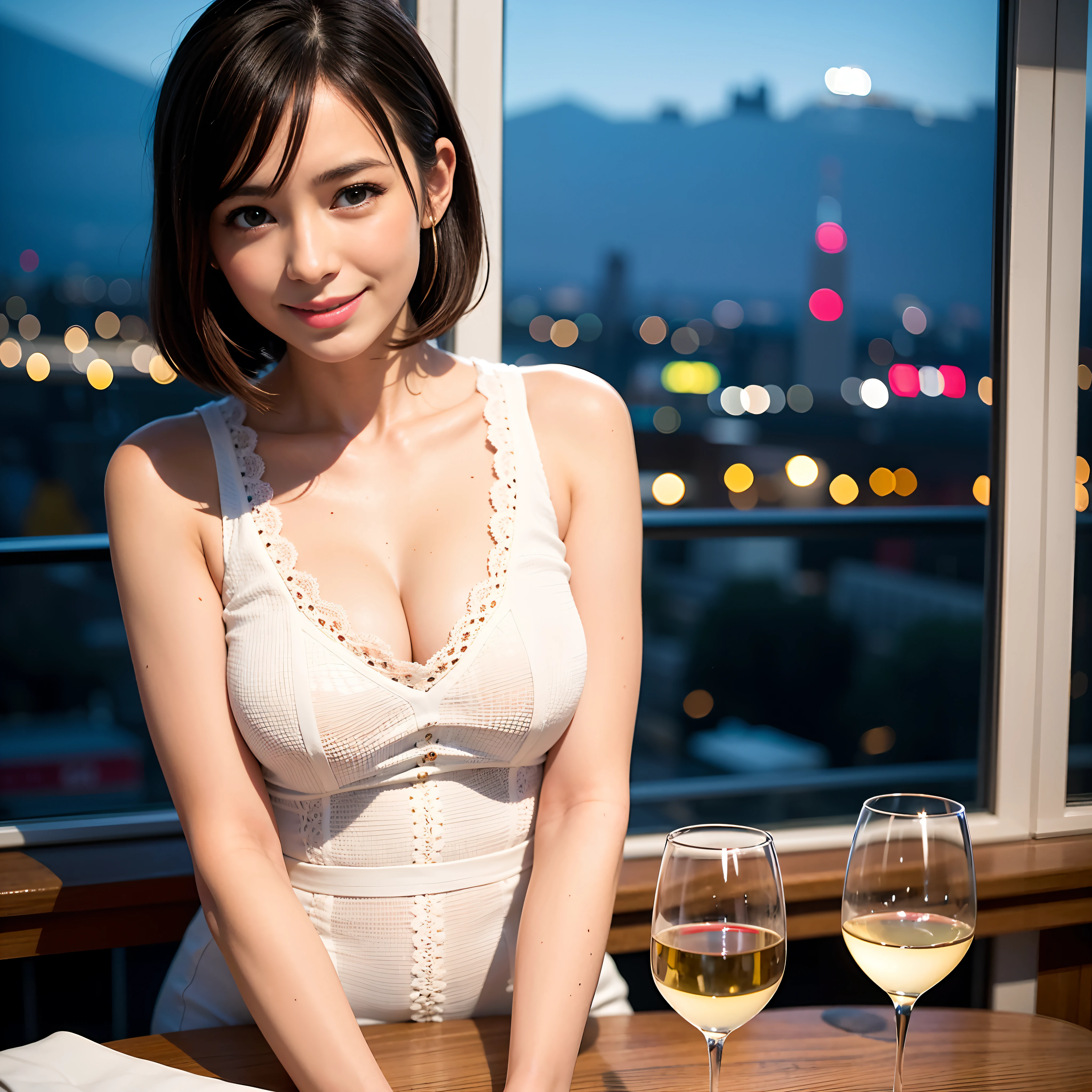 (64K, UHD, top quality, masterpiece: 1.2), (realistic, photorealistic: 1.37), super detailed, pretty woman 1 person, (slim face), (slim body), (brown hair), (short cut), cheeks slightly blushing, (44 years old), 38 years old, solo, beautiful detailed urban night view outside the window, restaurant, wine glasses sit, at night, in a prominent placeNovaFrogStyle, Actress, Model, Waist Up, White Wine, Slim, Wine Glass, Super Clean Night View, Wine Glass Put in the Middle, Happy Smile, (Smile: 1.15), Beautiful Fine Eyes, Upper Body, Bust Japan Up, Night, Short, Short, Actress, Model, Waist Up, White Wine, Slim, Wine Glass, Super Clean Night View, Wine Glass Put in the Middle, Happy Smile,