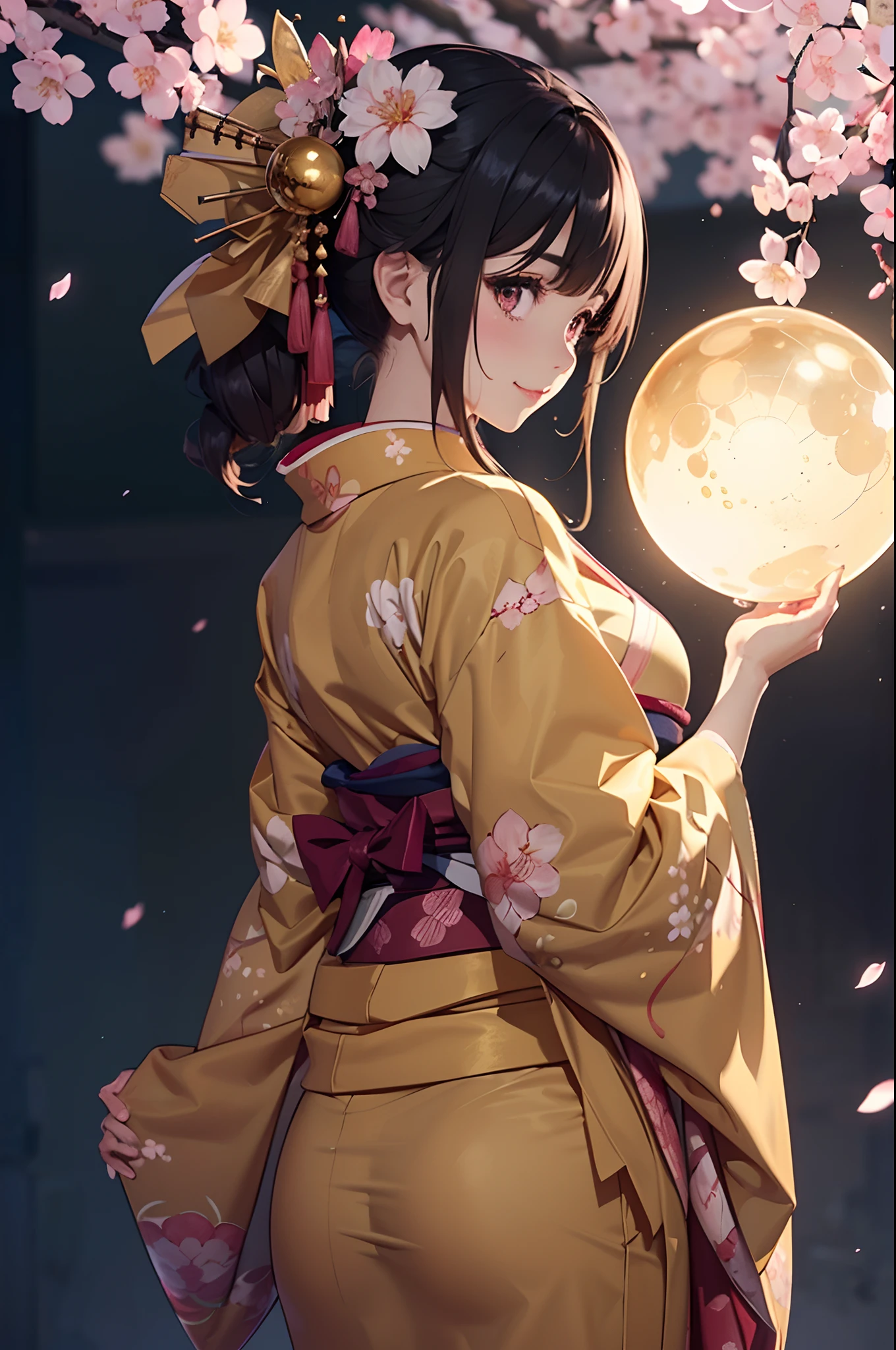 ((masterpiece1.5)),hyper quality, Hyper Detailed,Perfect drawing,1girl in,((Bigger breasts)),kawaii ,With smiling eyes,(((Beautiful kimono))),(((Luxury kimono)))、(Beautiful embroidery)。.3D,16K illustrations,((clearface)),kirakira、shiny、a gorgeous、high-class sense、A dark-haired、(((pink seduction background)))、(thin-waist)、 A dark-haired、poneyTail、Red ribbons、Cute even though her eyes are tight、(((Luxury kimono)))、((Plum blossoms))、((peach blossoms))、((cherryblossom))、Back view、Detailed drawing、Best Quality, Capture super cute moments, depth of fields, ultra-detailliert,  High resolution, C4D, Octadale, 。.3D Modeling, Delicate and detailed depiction、((moonlights))、superclear、Full of charm、hanging eyes but cute、Samurai attire、Samurai、((very Bigger breasts)),kawaii ,With smiling eyes,(((Beautiful kimono))),(((Luxurious golden kimono))). (((Hold a shiny giant golden sphere))),nice background、(((beatiful backgrounds)))、(((Detailed drawing)))、(((Perfect Photo)))、kirakira、(((shiny)))、(((Oily))),illustrious、golden colored、