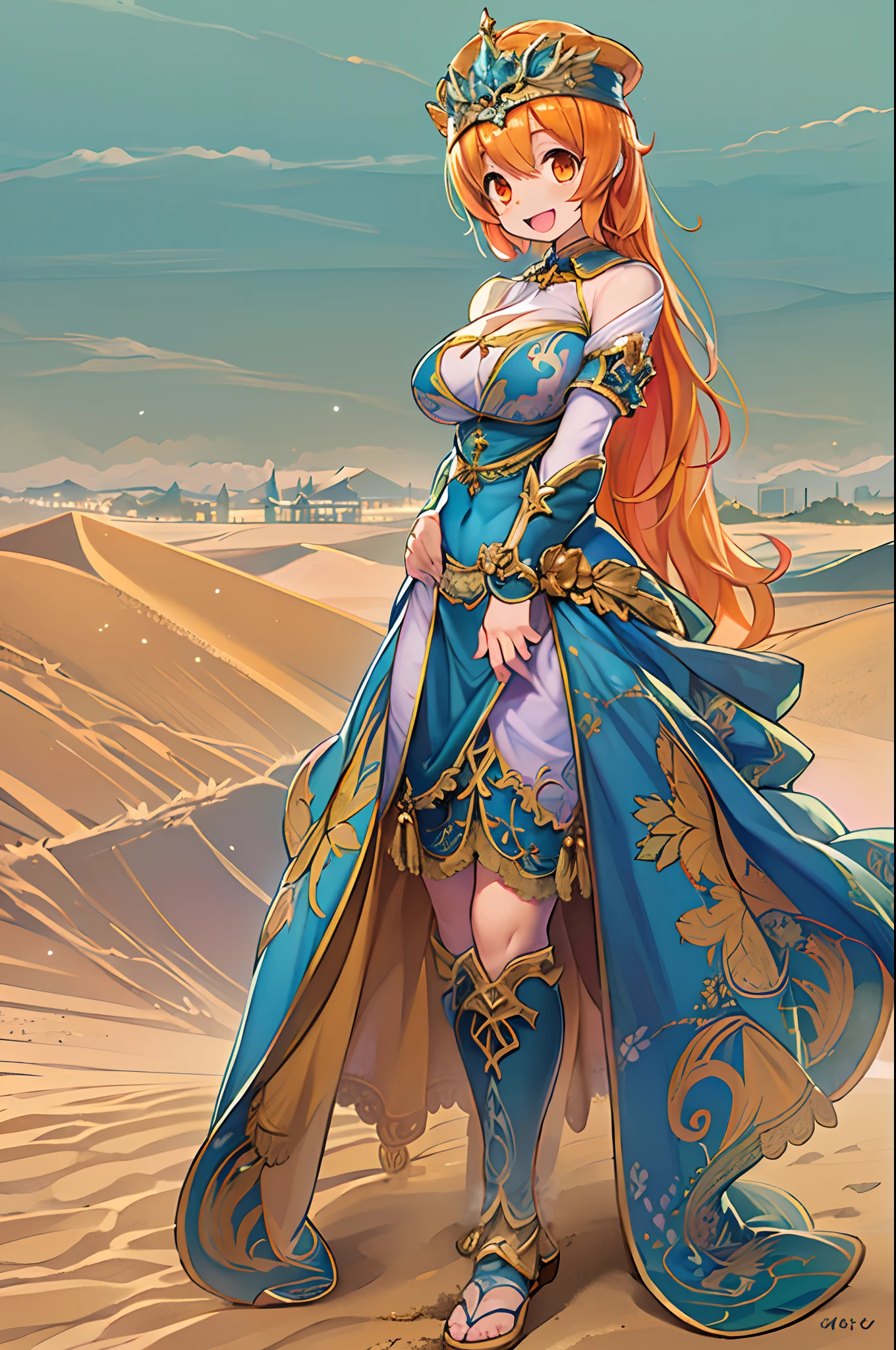 masutepiece, Best Quality, Solo, 1girl in, Orange hair, Blue hair, :D, Orange dress, Looking at Viewer, Outdoors, Sand, sand dunes, Huge castle, diadems, Standing, Full body, Cowboy Shot, Hands on hips,