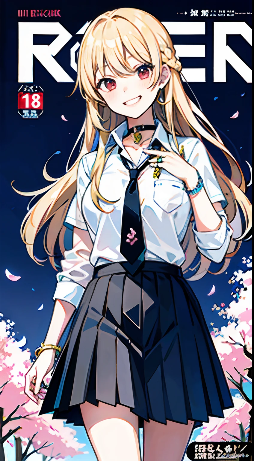 masterpiece, best quality, full body, 1girl, bangs, black choker, black necktie, blonde hair, blue skirt, blush, bracelet, breasts, choker, clothes around waist, collarbone, collared shirt, cowboy shot, dress shirt, ear piercing, eyebrows visible through hair, gradient hair, grin, gyaru, jewelry, kogal, long hair, looking at viewer, loose necktie, necktie, piercing, plaid, plaid skirt, pleated skirt, red eyes, ring, school uniform, shirt, skirt, smile, solo, white shirt, street, sky, cherry blossoms, petals,illustration, (magazine:1.3), (cover-style:1.3), fashionable, woman, vibrant, outfit, posing, front, colorful, dynamic, background, elements, confident, expression, holding, statement, accessory, majestic, coiled, around, touch, scene, text, cover, bold, attention-grabbing, title, stylish, font, catchy, headline, larger, striking, modern, trendy, focus, fashion,