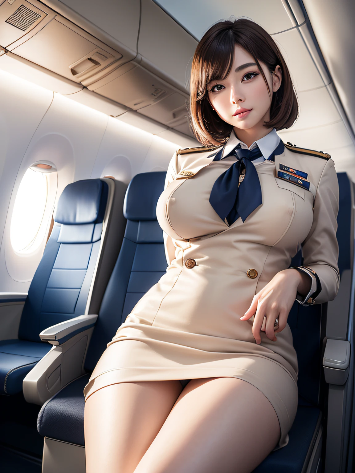 1womanl, 20yr old、hyperdetailed face、Detailed lips、A detailed eye、二重まぶた、with round face、(Brown bob hair、Like an airplane stewardess々Do a good job)、(Stewardess uniform:1.2)、(Glamorous body)、(Colossal tits)、smil、thighs thighs thighs thighs, Perfect fit, Perfect image realism, Background with: (Business Class aisle on airplanes:1.2), Cowboy Shot, Meticulous background, detailed costume, Perfect litthing、Hyper-Realism、(Photorealsitic:1.4)、8K maximum resolution, (​masterpiece), ighly detailed, Professional